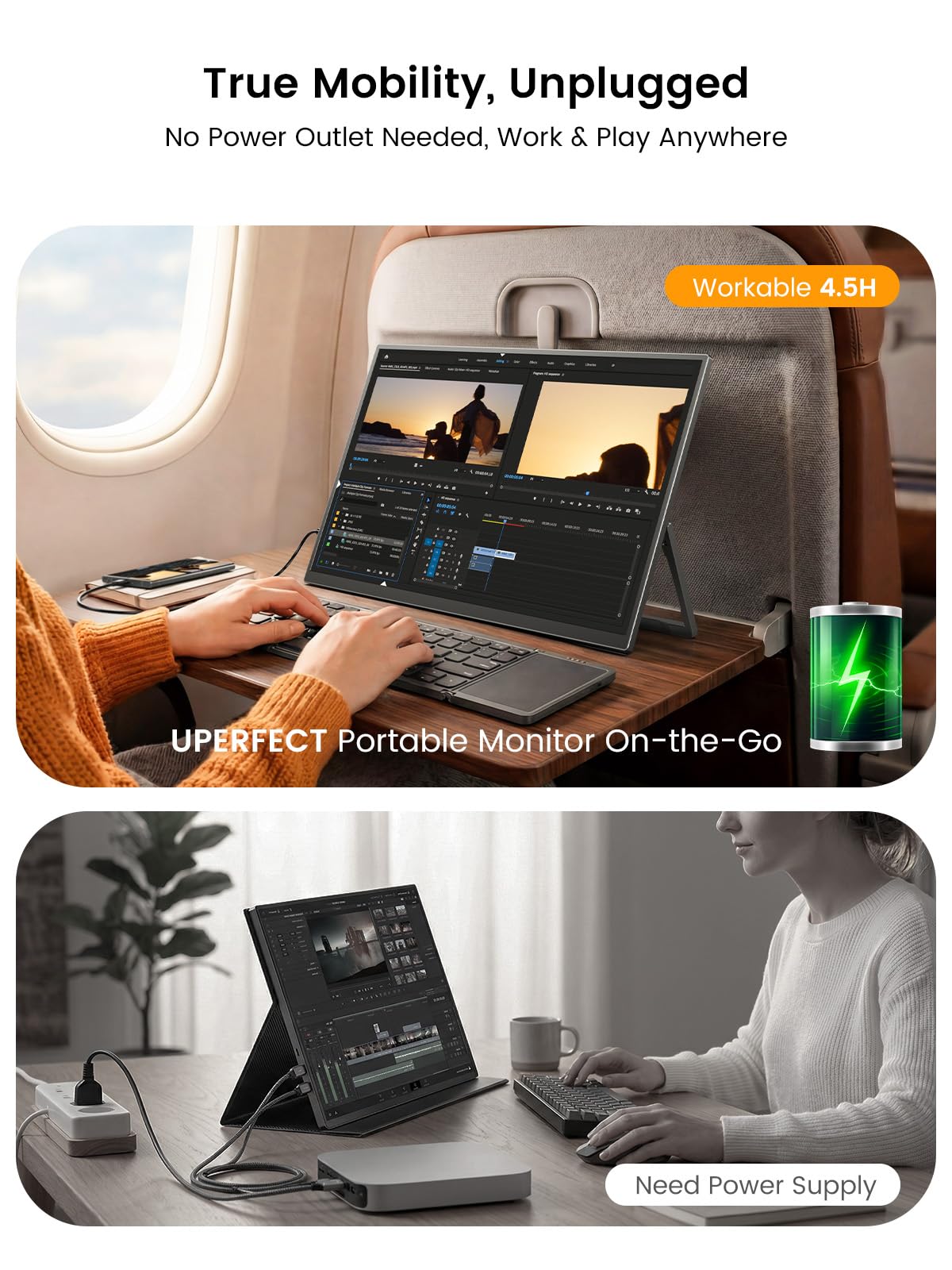 UPERFECT Portable Monitor Touchscreen 15.6'', Laptop Monitor with Bluetooth Keyboard, Built-in 8000mAh Battery | Adjustable Stand | Speakers, Ultra-Slim External Screen for Phone, Game Console