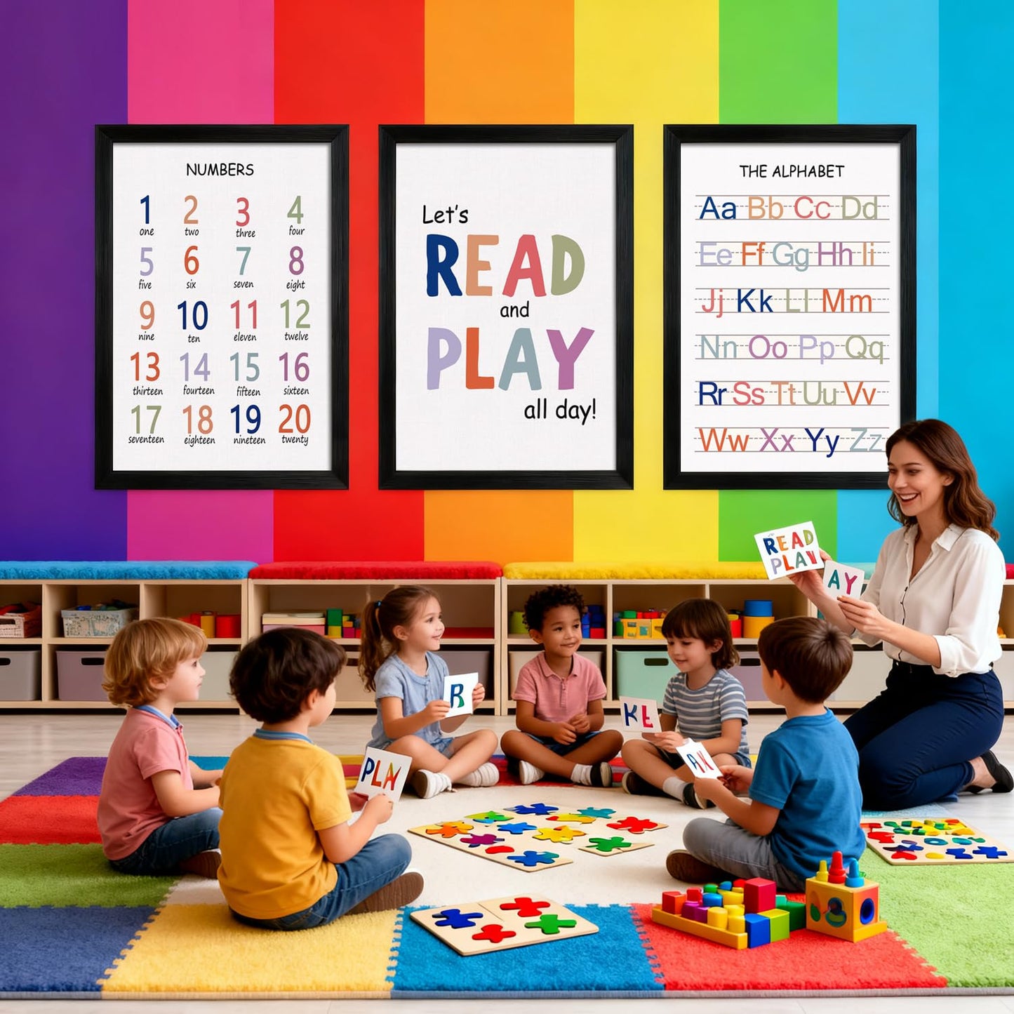 Cute Alphabet Numbers Framed Wall Art Set of 3, Educational ABC Poster Wooden Sign for Baby Girl Kid Boy Toddlers, Neutral Boho Preschool English Letters Nursery Decor for Homeschool Playroom Daycare