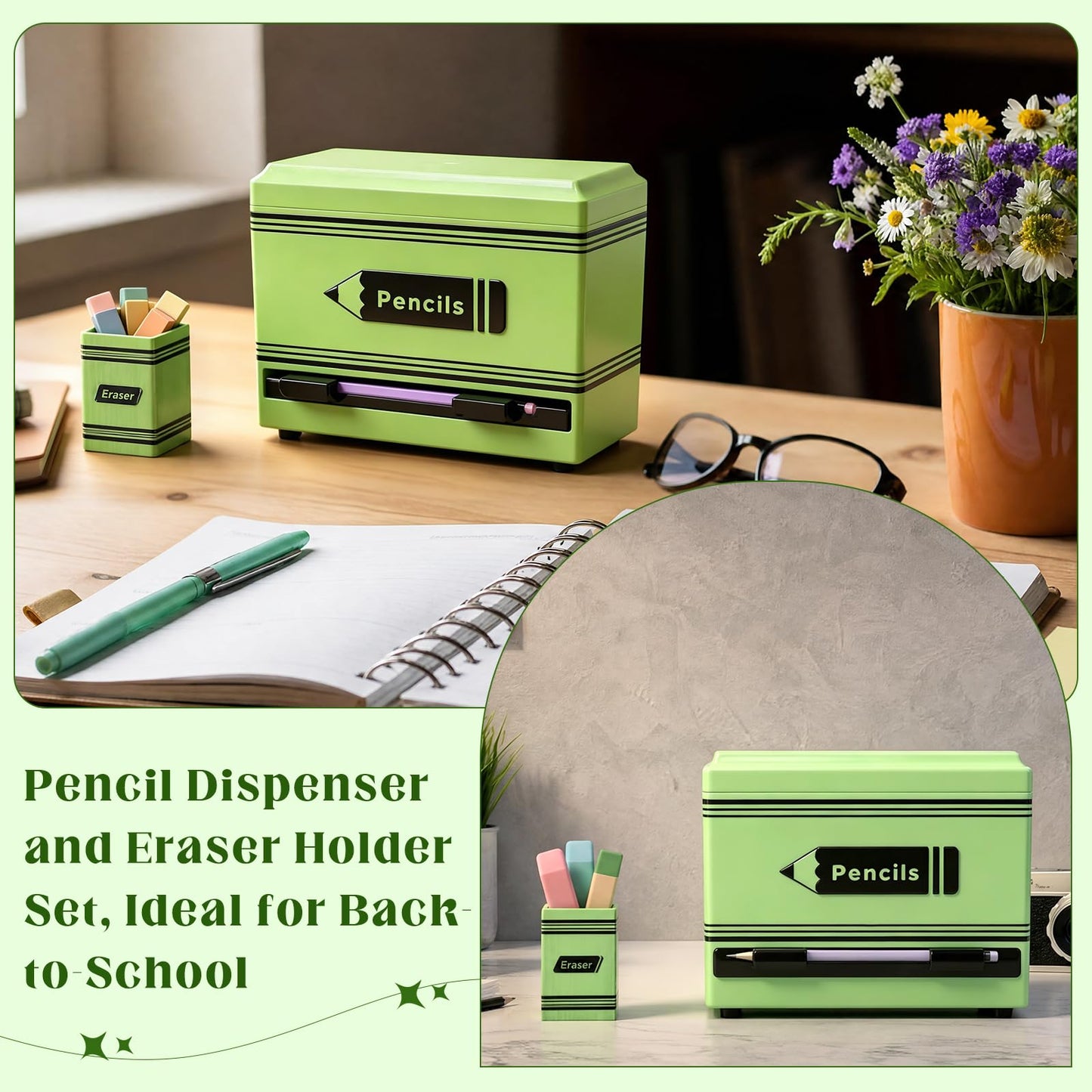 Gueevin 2pcs Pencil Dispenser for Classroom, Fun Desk Organizer with Eraser Holder, Interactive Pencil Storage for Teachers, Students & Homeschool Desk Organizer, Back to School Supplies(Green)