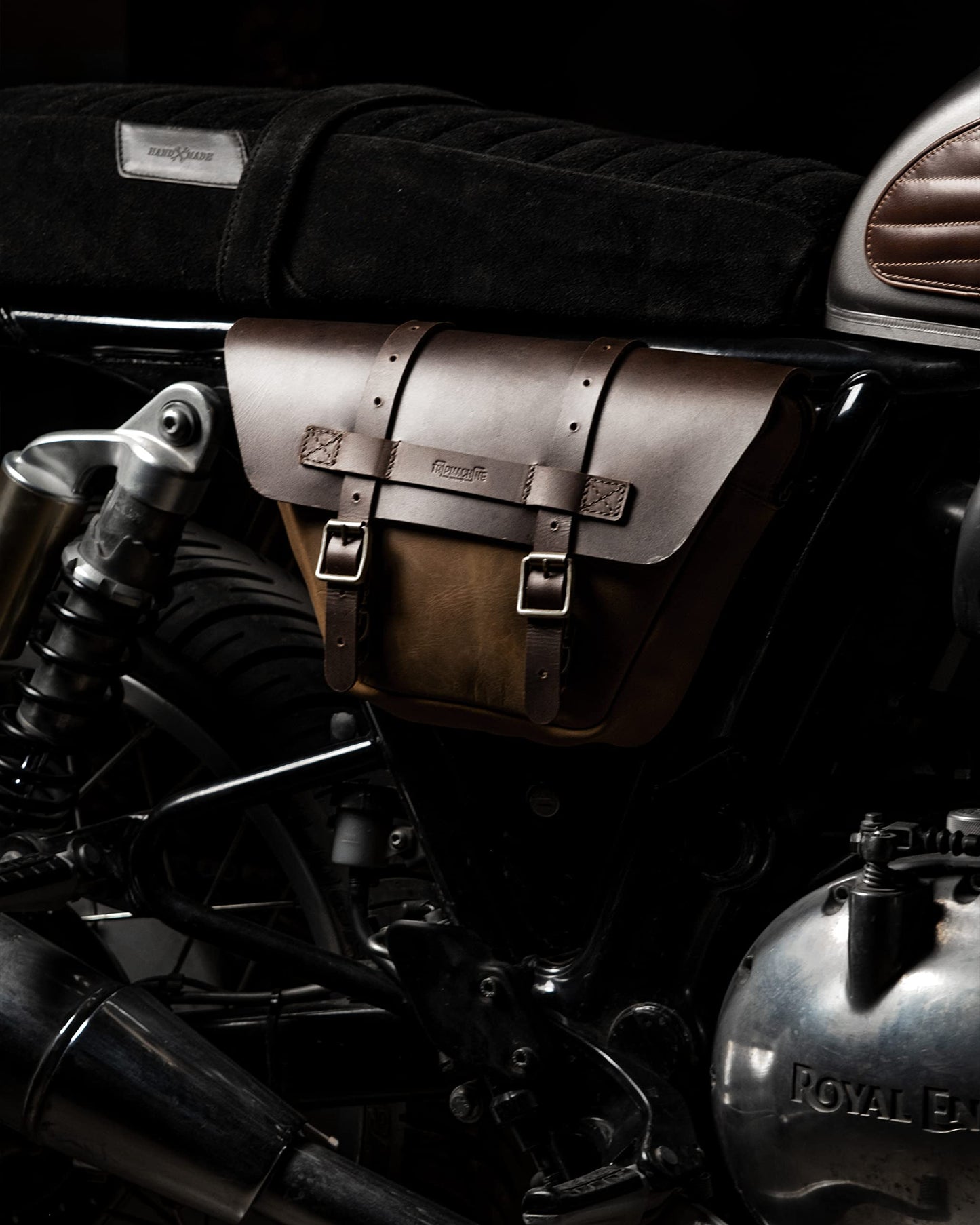 Trip Machine Company Wingman Leather Side Panel Bag for Royal Enfield Interceptor & Continental GT 650 – 3.5L Motorcycle Tool & Storage Bag with Raincover (Brown, Left Side)