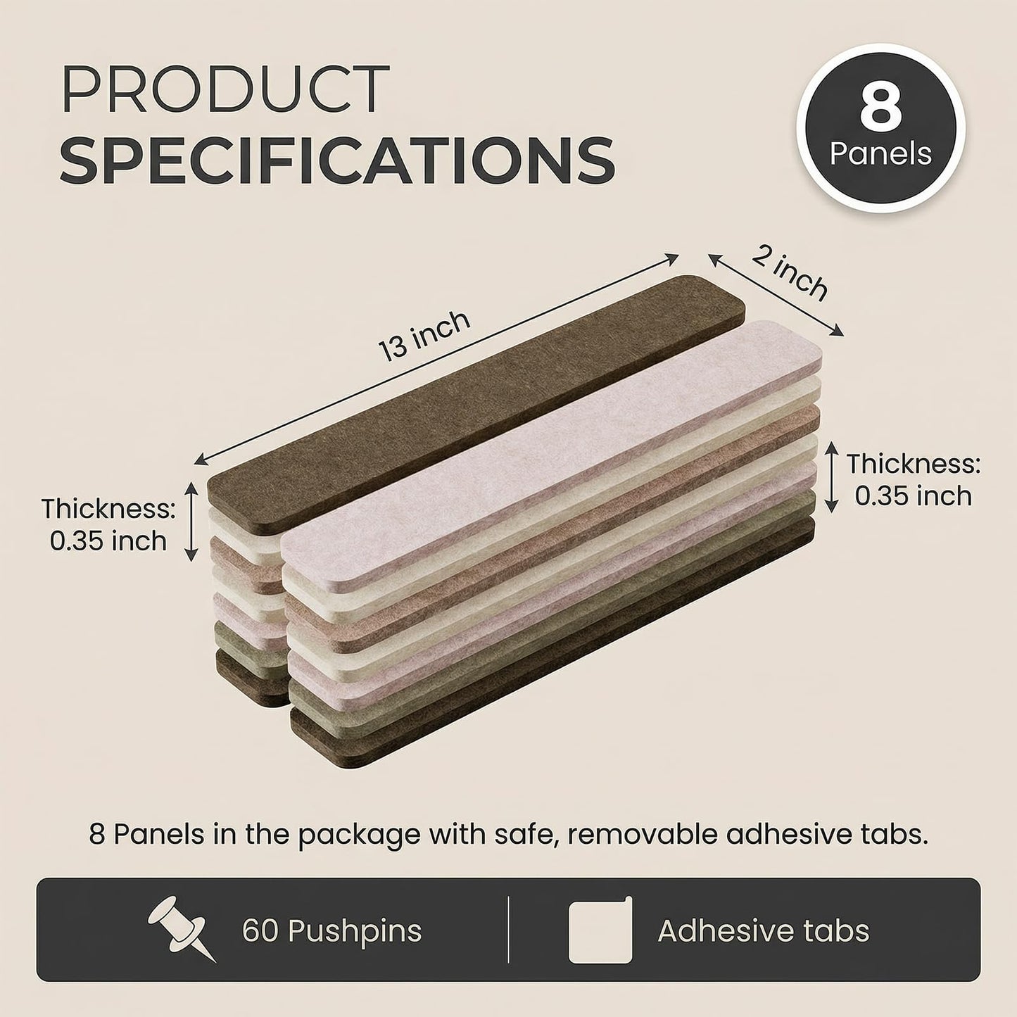 Cork Board Alternative Felt Strip Board 8-Pack 13"x2", Bulletin Board Bar Strips with 60 Pushpins Adhesive Install for Bedroom Door & Home Office (8Pack-Linen Dusk)