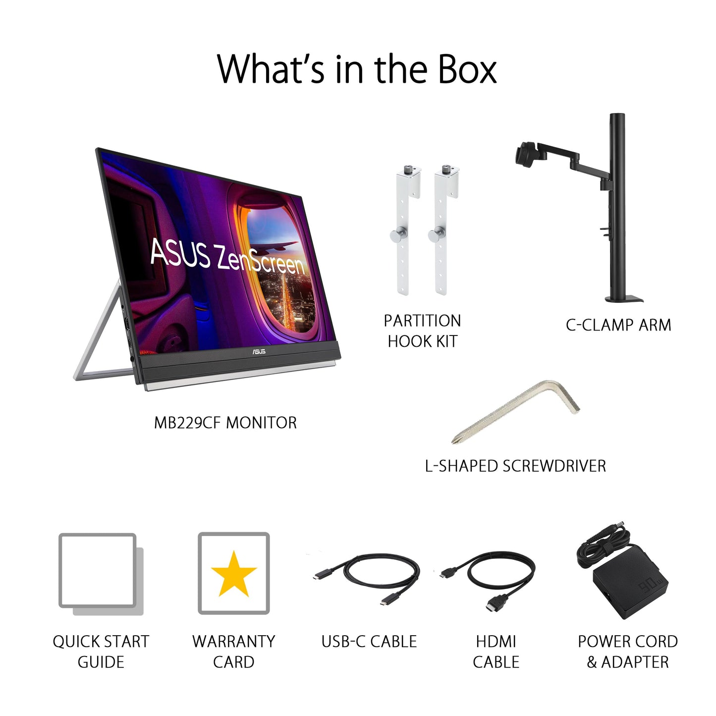 ASUS ZenScreen 22” (21.5 viewable) 1080P Portable Monitor (MB229CF) – Full HD, IPS, 100Hz, USB-C PD 60W, Speakers, Carrying Handle, Kickstand, C-clamp Arm, Partition Hook, Subwoofer, 3 yr Warranty