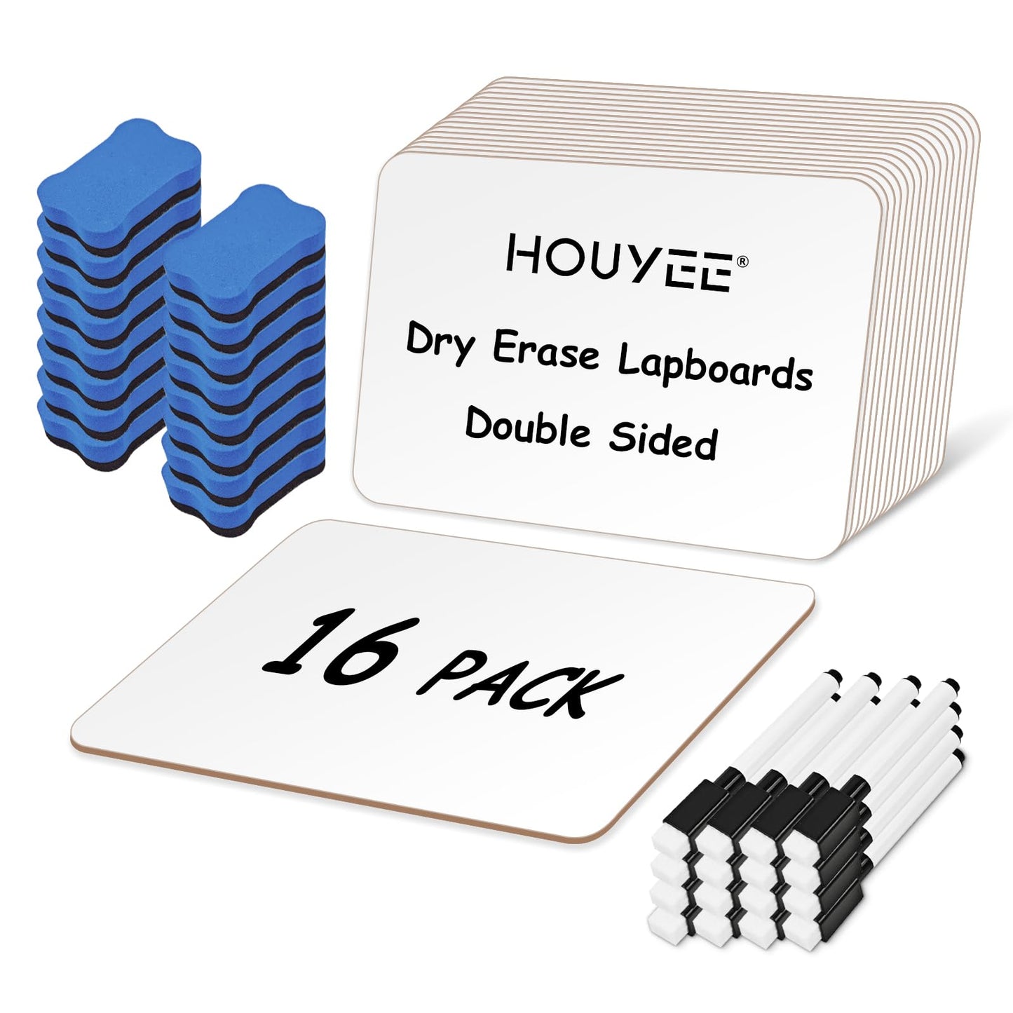 HOUYEE 16 Pack Small White Board Dry Erase Boards, 9 x 12 Inch Double Sided Mini Dry Erase LapBoards with 16 Erasable Pen & 16 Erasers, Handheld Whiteboards Suitable for Offices, Homes, Classrooms