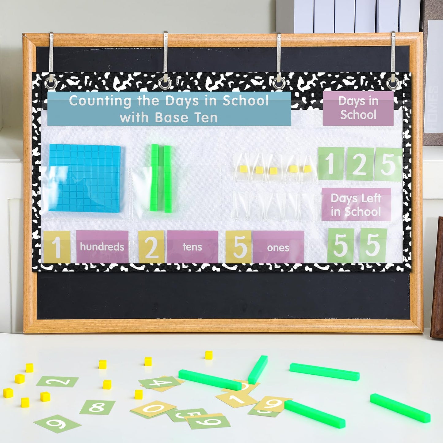 Resurhang Back to School Counting the Days with Base Ten Pocket Chart Place Value, Counting Caddie Pocket Chart for Classroom Bulletin Board School or Home Decor, 4 Hooks(Black,Composition Notebook)