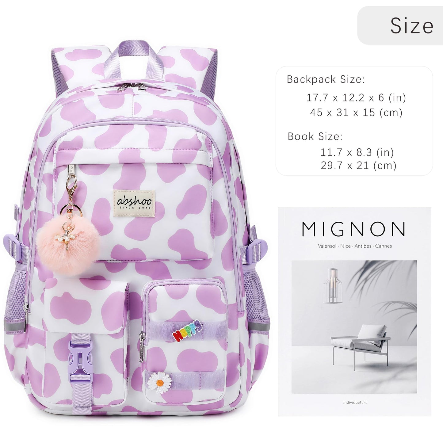 abshoo School Backpack for Girls Bookbag with Lunch Bag Teen Girls School Bag Travel Daypack (Cow Print Purple)