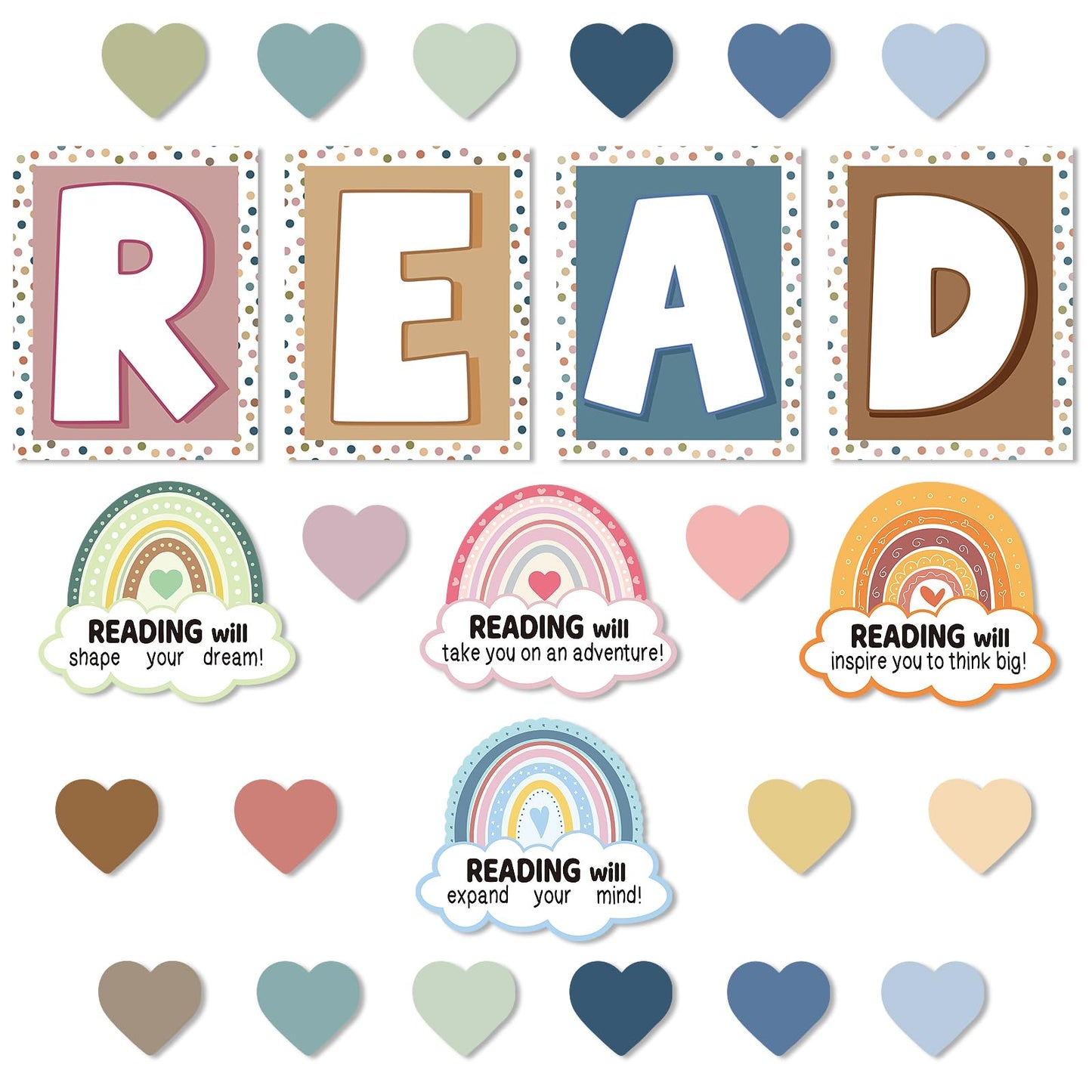 32Pcs Boho Classroom Decor Boho Reading Posters with READ Sign Rainbow Love Heart Bulletin Board Decorations Reading Corner Decor for Classroom Wall Door Kindergarten Elementary and Middle School