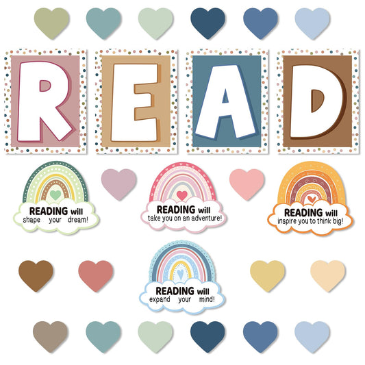 32Pcs Boho Classroom Decor Boho Reading Posters with READ Sign Rainbow Love Heart Bulletin Board Decorations Reading Corner Decor for Classroom Wall Door Kindergarten Elementary and Middle School