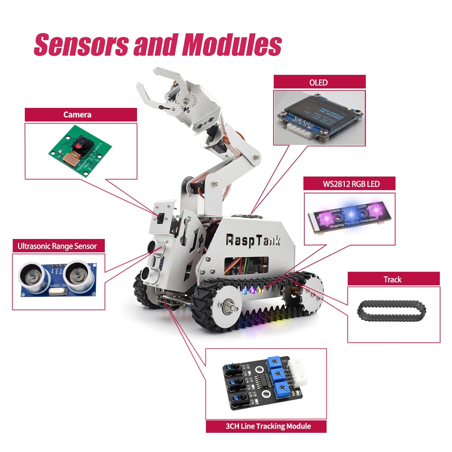 Adeept RaspTank Metal Smart Car Kit for Raspberry Pi 5/4B/3B/3B+(Board Not Included), Tank Tracked Robot with 4-DOF Robotic Arm, OpenCV, Obstacle Avoidance, Line Tracking, with Digital Tutorials