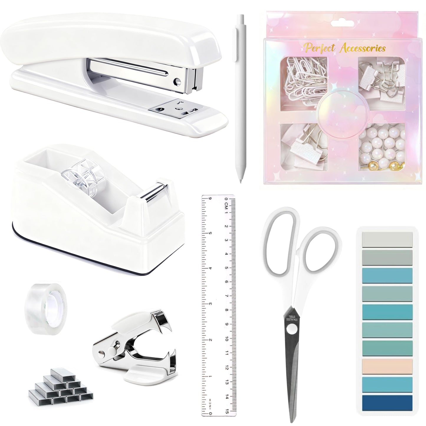 Dimonluce Office Desk Accessories, White Office Supplies Accessories with Tape Dispenser, Stapler, Staple Remover, 1000 Staples, Tape, Clips Set, Ruler, Scissor, Pen