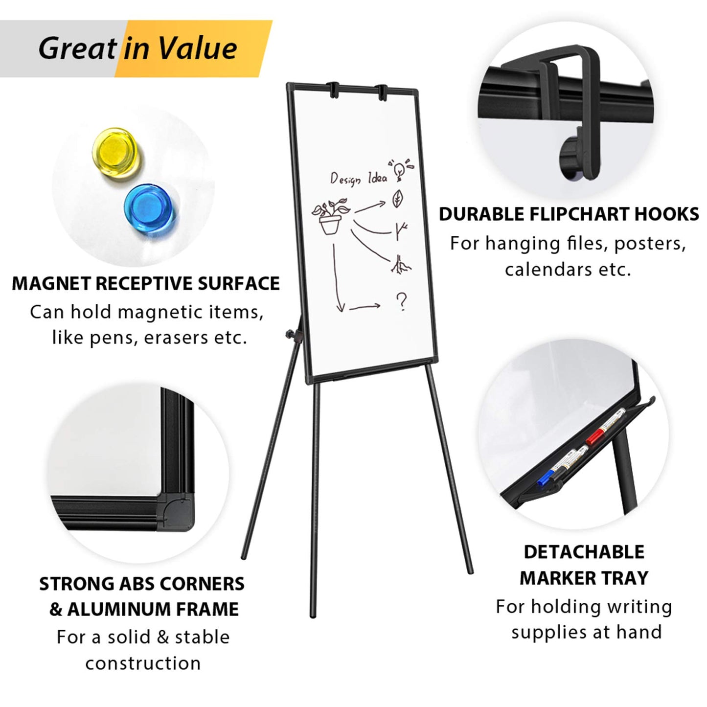 Easel Whiteboard - Magnetic Portable Dry Erase Easel Board 36 x 24 Tripod Whiteboard Height Adjustable Flipchart Easel Stand White Board for Office or Teaching at Home & Classroom (Black)