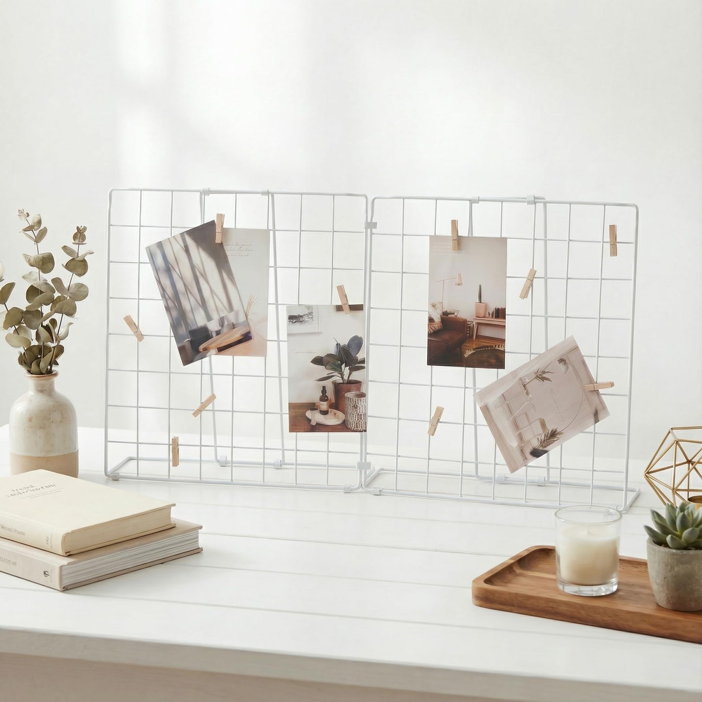JAJAGOU Foldable Desktop Photo Display Rack & Grid Display Board with 20 Wooden Clips – Photo, Accessory & Handcraft Display Organizer for Home Office White