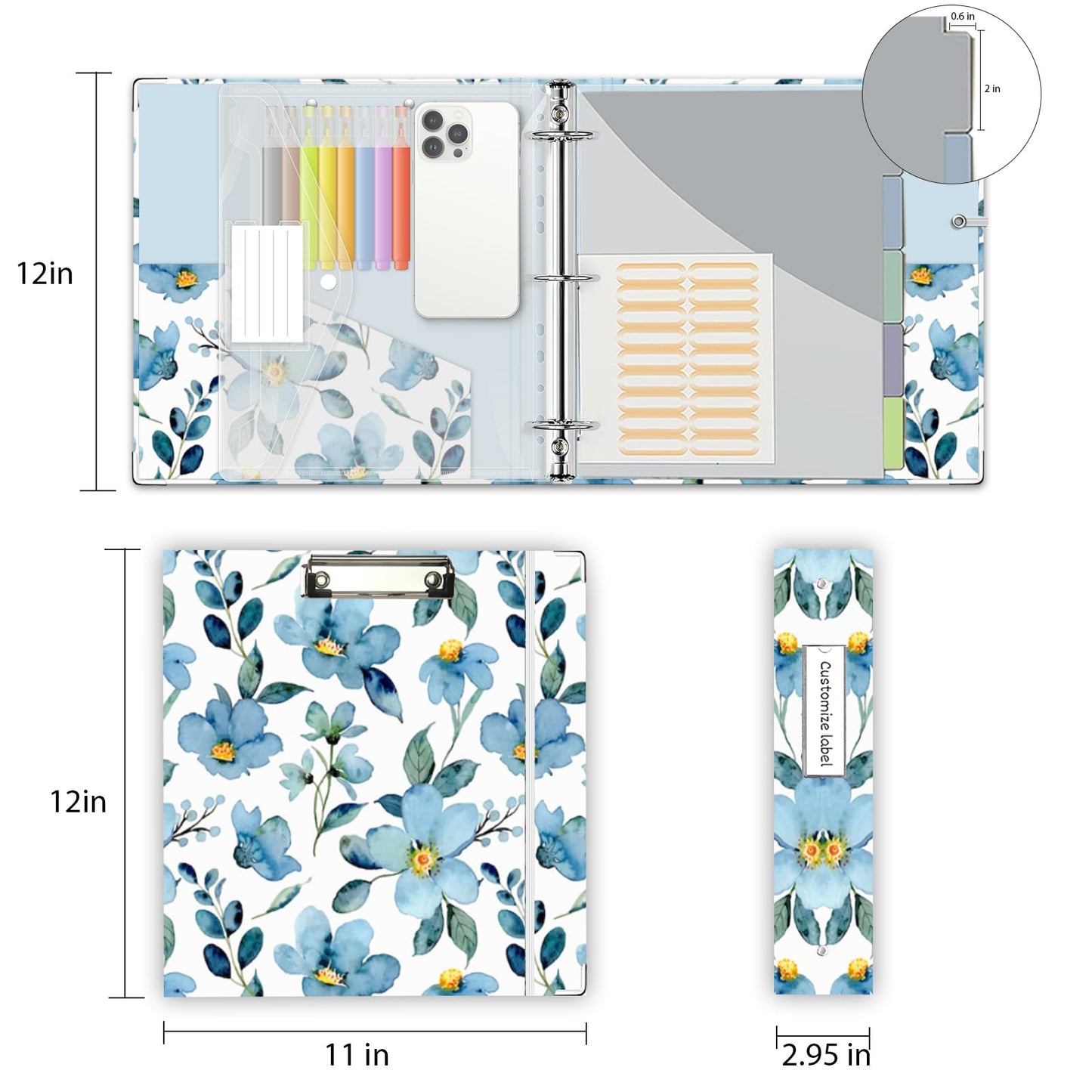 2 Inch 3 Ring Binder Organizer, Three Ring Binders with Clipboard, 5-Tabs Pockets Dividers, Plastic Folder, 18 Divider Stikers, KLLVE Decorative Binder with Pen Loop (Blue Flora, Letter Size)