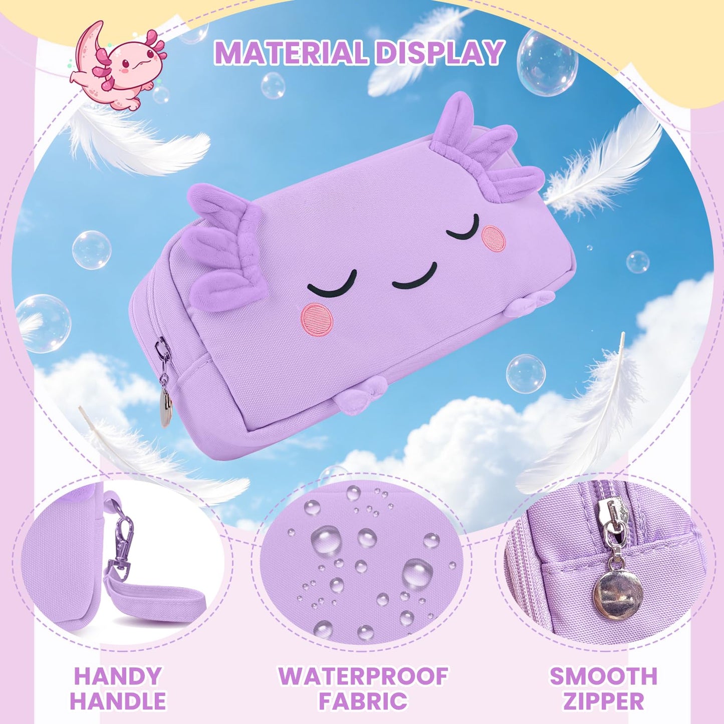 EHZYP Axolotl Pencil Case, Pencil Case For Girls Kids, Salamander Pen Box For School, Large Capacity Pen Pouch,School Supplies Bag for Kids (Purple)