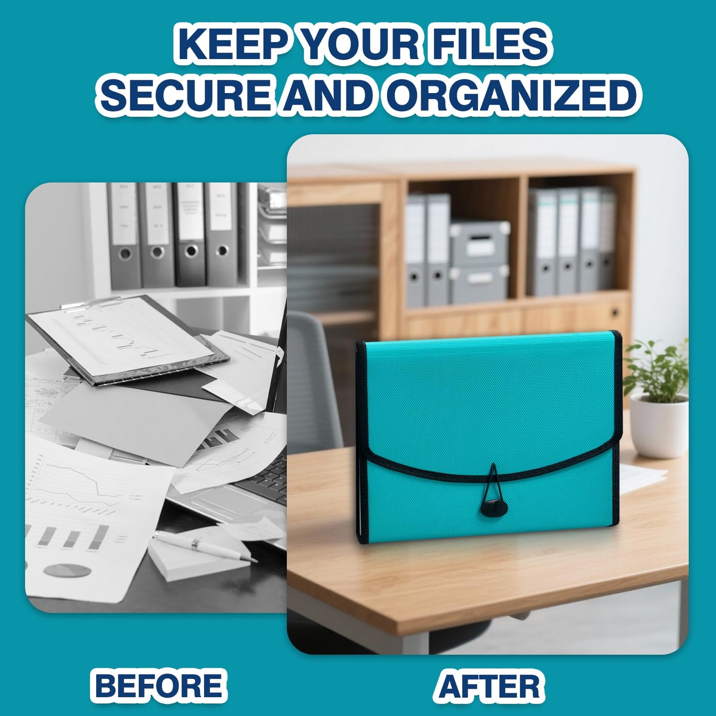 H4D 13-Pocket Accordion File Organizer with Mesh Pocket, Expanding File Folder with Tabs, Expandable Document Organizer for Home Office School, Letter Size, Teal