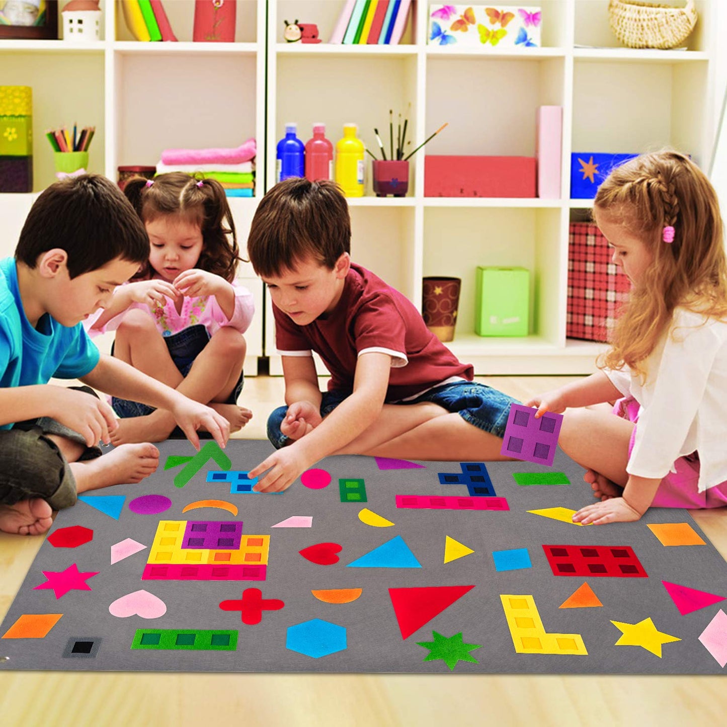 WATINC Shapes Teaching Felt Board Set - 64Pcs Large 3.5 Ft Montessori Preschool Learning Toy, Interactive Tangrams Storytelling Flannel Set for Toddlers, Early Learning Wall Hanging Kit for Classroom