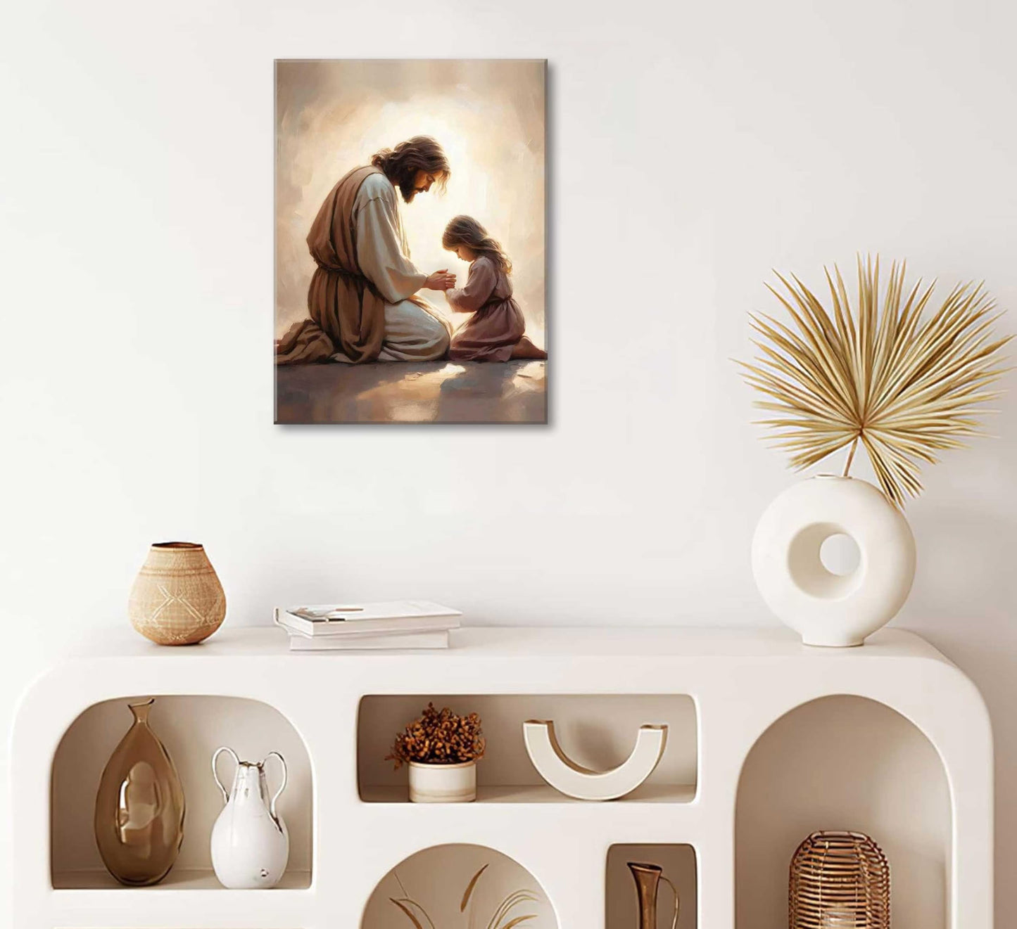 Jesus Praying with Girl Canvas Wall Art Christian Spiritual Posters Painting Religious Bible Story Prints Wall Decor Jesus Kid Pictures for Living Bedroom Room Church Home Decoration Framed