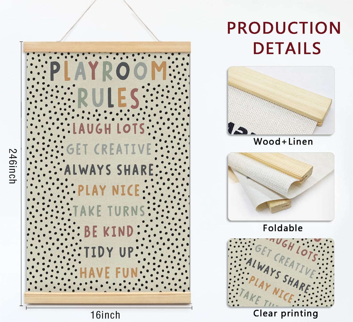 Playroom Kids Tollder Room Wall Decor, Play Room Rules Wall Decor for Kids Play Game Room Bedroom Nursery Home School Playroom Essentials, Canvas Hanging Banner Wood Poster Frameds,16x24 Inch