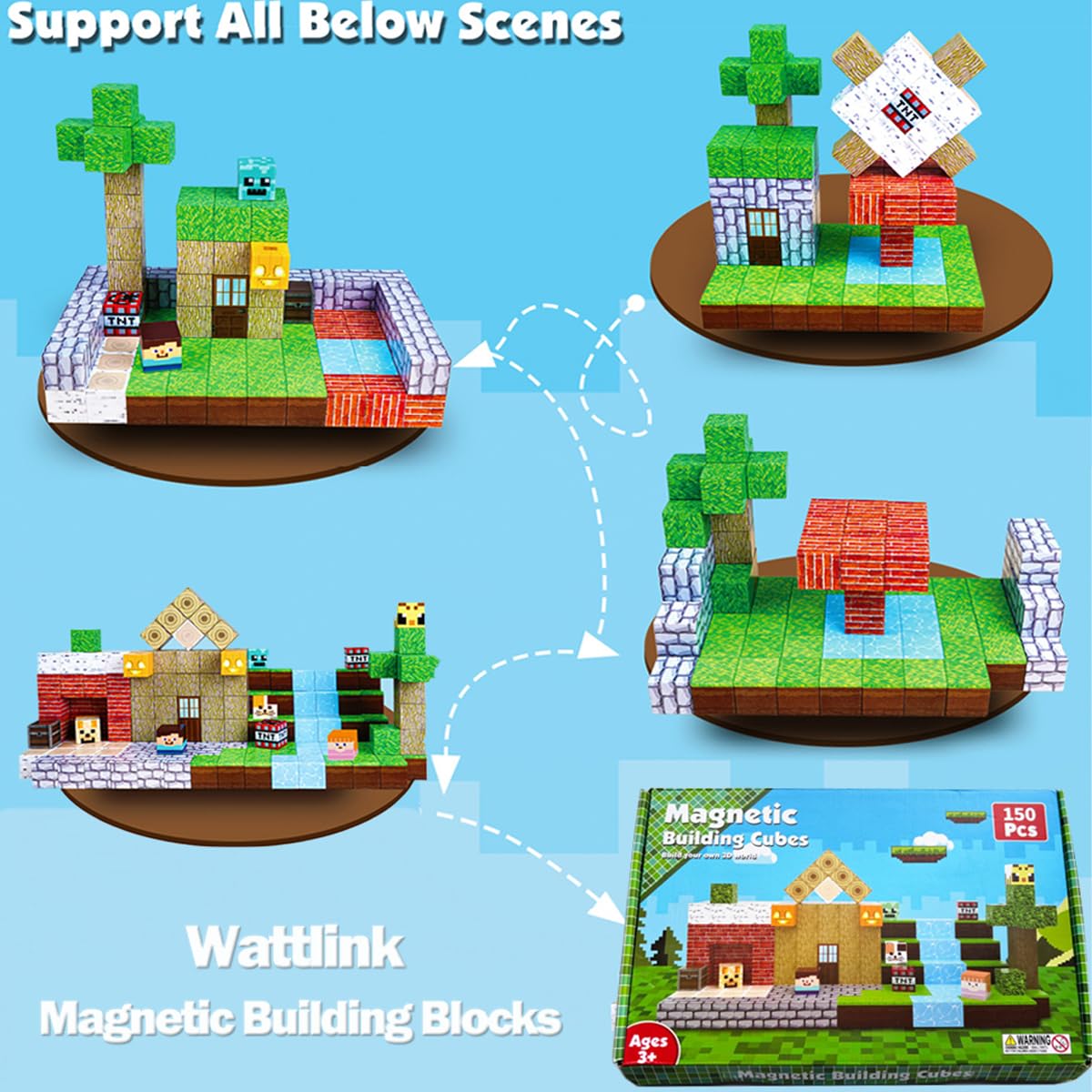 Wattlink Magnetic Building Blocks Set, 150 Pieces Pixel Style Building Cubes, Non-Toxic Construction Toys for Christmas Birthday Gifts, Ages 3+