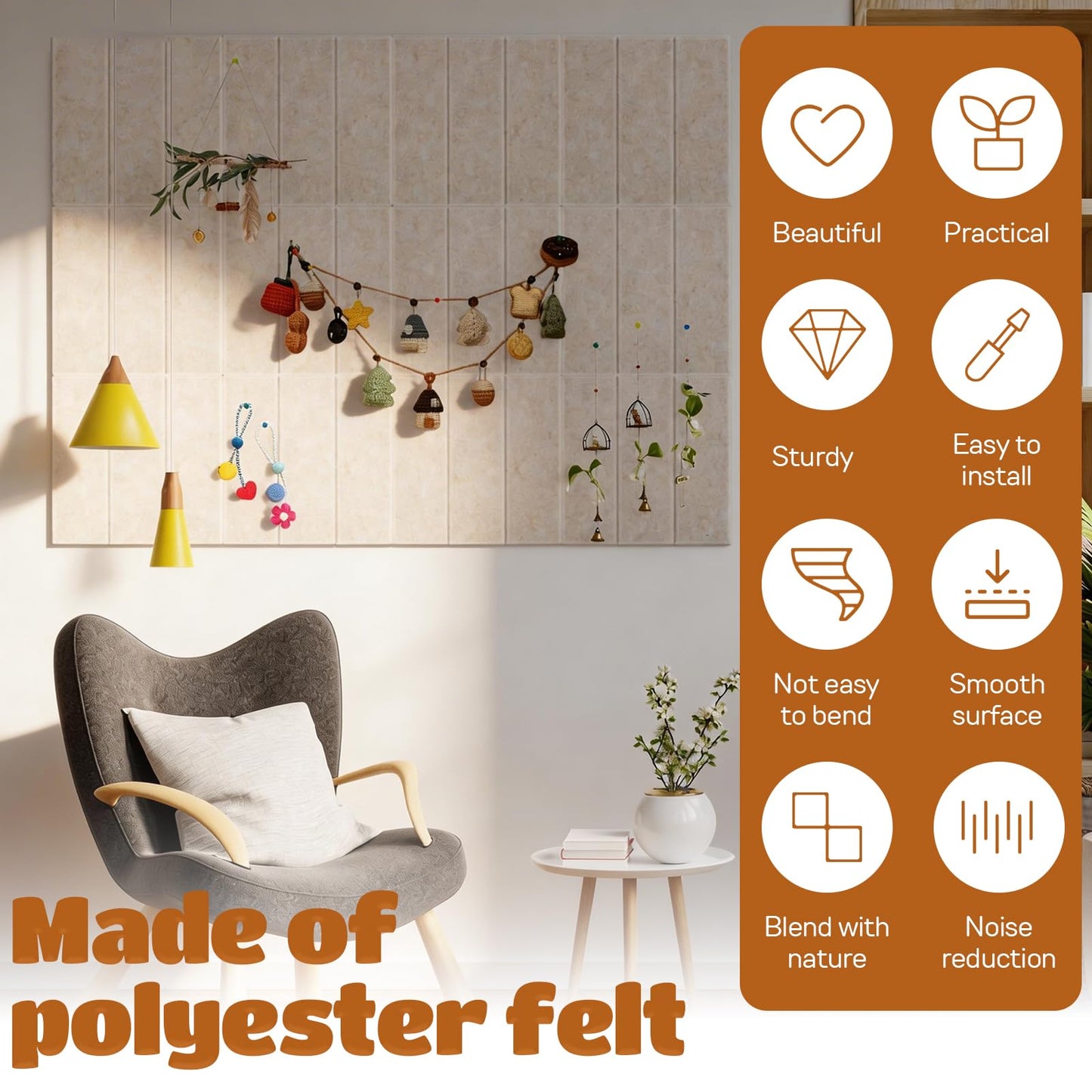 12 Pack Felt Bulletin Board Tiles - Modular Wall Panels (9.45"x9.45" Each), 0.35" Extra Thick Cork Board Alternative with Adhesive Tabs & Push Pins for Office Decor (Light Camel)