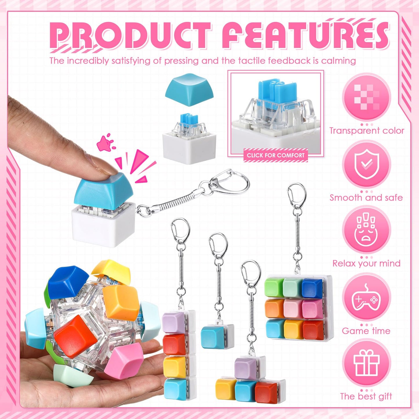 Halloscume 5 Pcs Keyboard Adult Fidget Clicker in 5 Styles Keyboard Fidget Keychain Cube Mechanical Key Button Clicker Stress Relief Gift for Office Home Pass Time(Candy Colors)
