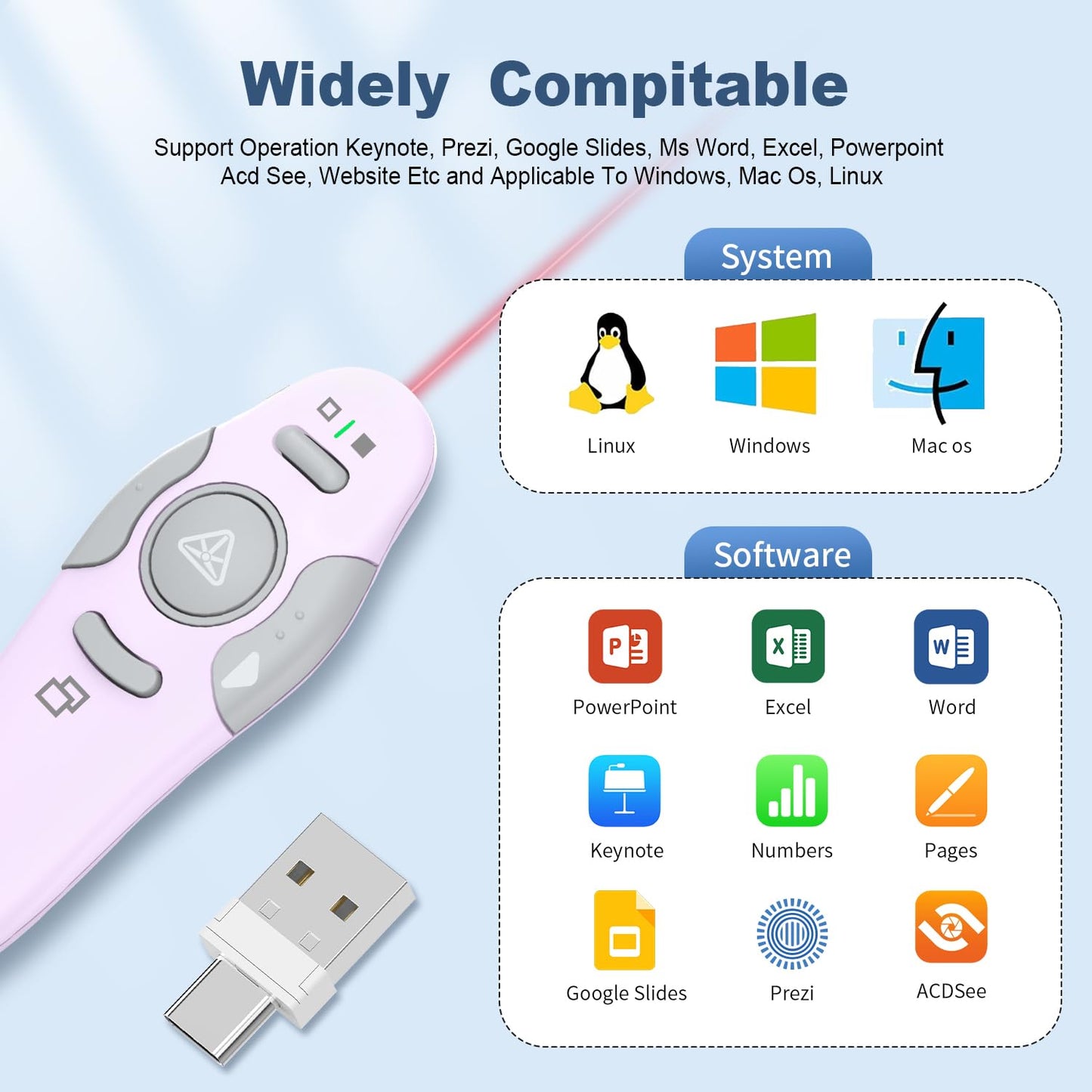 QUI 2 Pack Wireless Presenter PowerPoint Clicker, RF 2.4GHz USB Presentation Clicker for Google Slides, Keynote, Mac, Windows (USB Type-c, Purple)