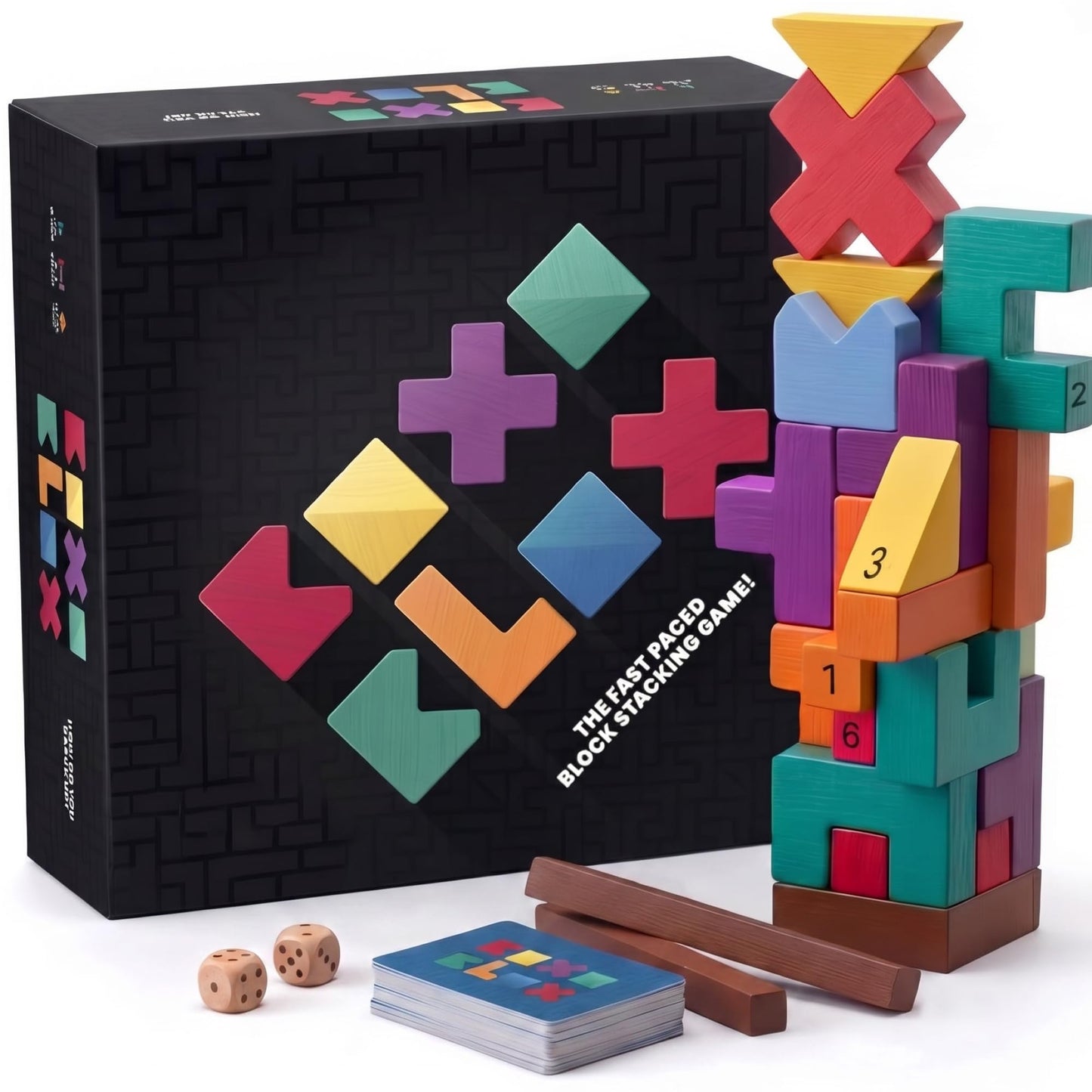 Boxo Blox Block Stacking Game for Kids & Families, 39 Wooden Pieces, Fast-Paced Party Game, Ages 6 and Up