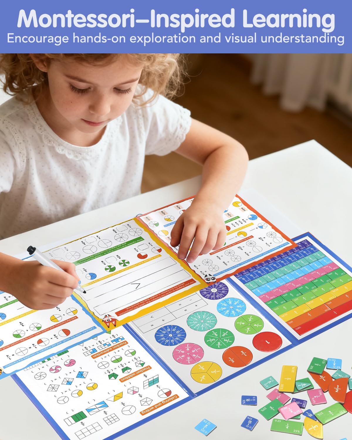 Magnetic Fraction Demonstration Book, Magnetic Fraction Tiles & Circles Educational Puzzle Set, Montessori Fraction Playbook for Kids, Math Manipulatives for Elementary School