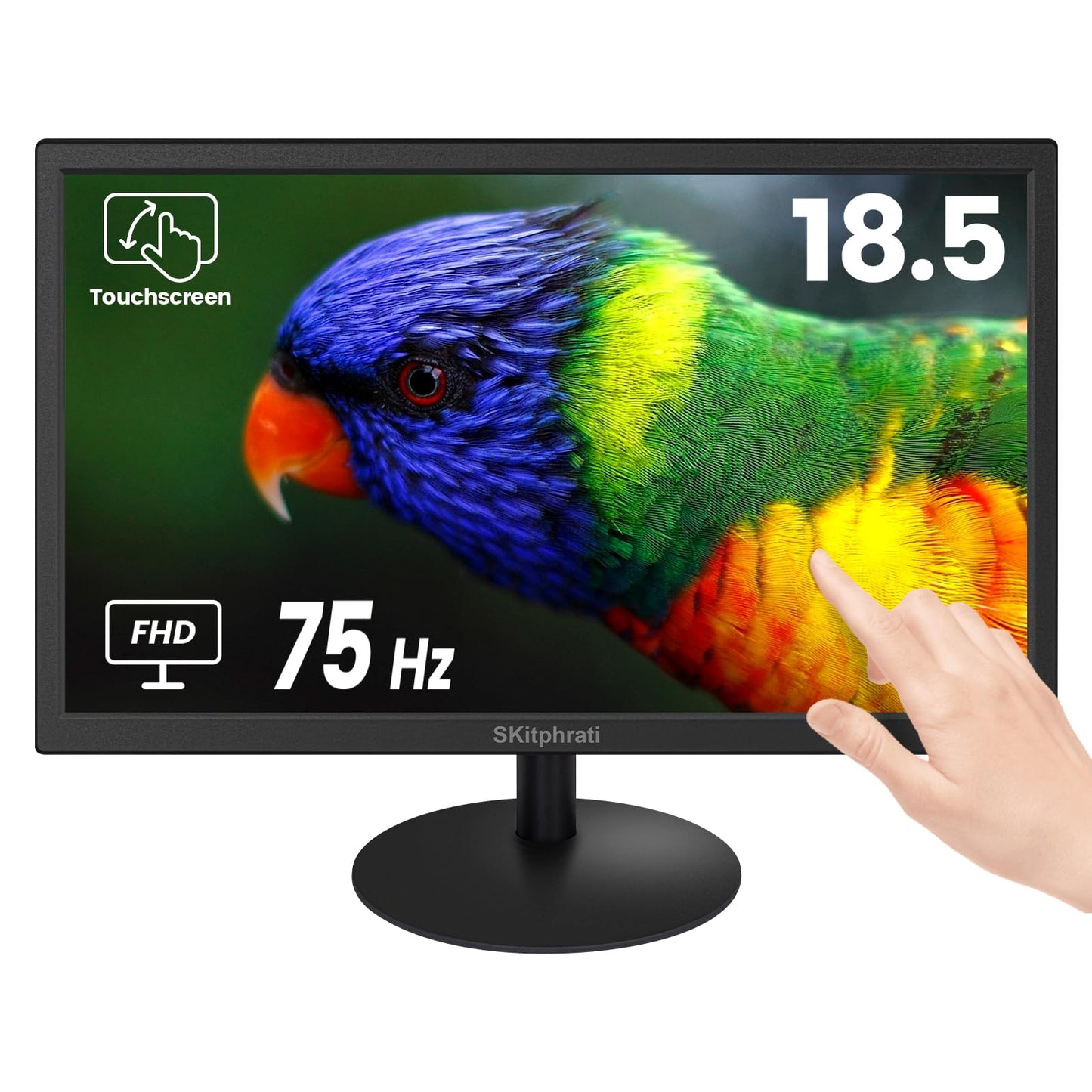 SKitphrati 18.5 Inch Touchscreen Monitor HD 1366x768, VESA Wall Mountable, 10-Points Computer Touch Screen PC Display with Type-B HDMI VGA Port, 75Hz Desktop Touch Display, Black