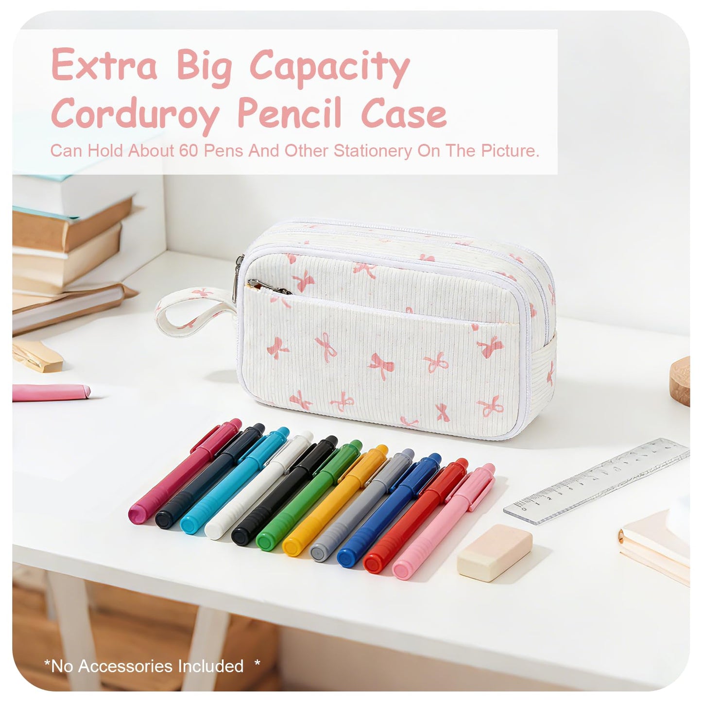 BuyCard Large Capacity Cute Pencil Case, Aesthetic Pen Pouch, White with Pink Bow Pattern Pencil Bag, Kawaii Stationery Storage and Organizer, Supplies for Teen and Adult Girls
