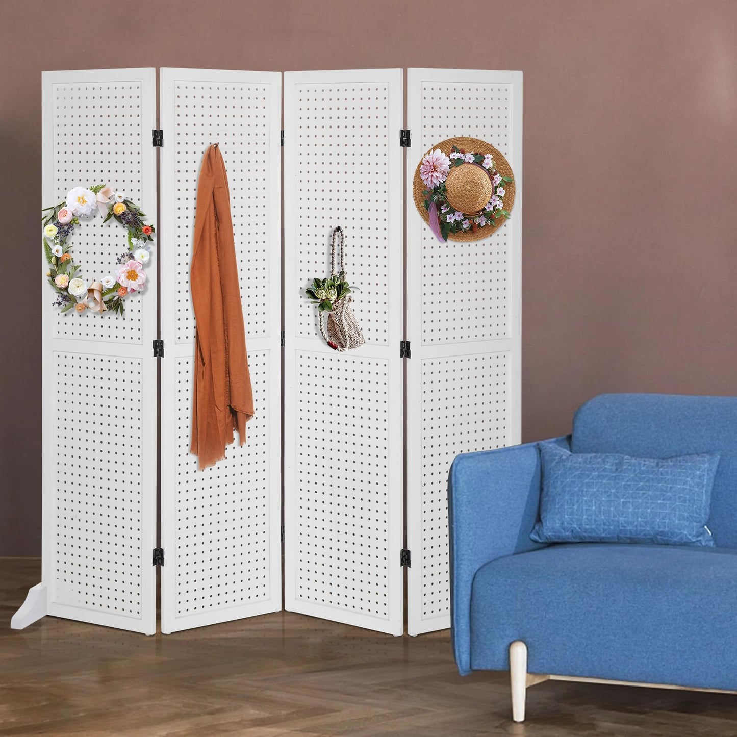 Bonnlo 4 Panel Pegboard Freestanding, 5 FT Portable Display Board Organizer for Craft Show Jewelry, Wooden Folding Privacy Screen Room Divider (with Base, White)