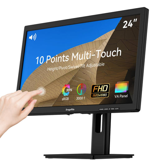 24 Inch Touchscreen Monitor VA Panel FHD 1920x1080P, 3000:1 Contrast, 99% sRGB, Height/Pivot/Swivel/Tilt Adjustable PC Touch Screen Computer Display 75Hz, HDMI, VGA, Type-B, Built-in Speakers, VESA
