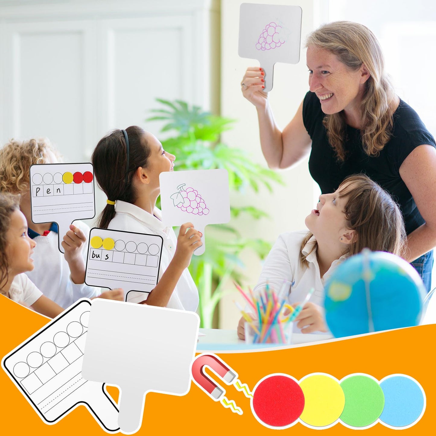 Seajan 6 Pcs Magnetic Dry Erase Boards 8.3" x 9.8" Double-Sided Handheld Answer Boards with Counting Discs Phonics & Literacy Game Toy for Kids Students Teacher & Classroom(Black)