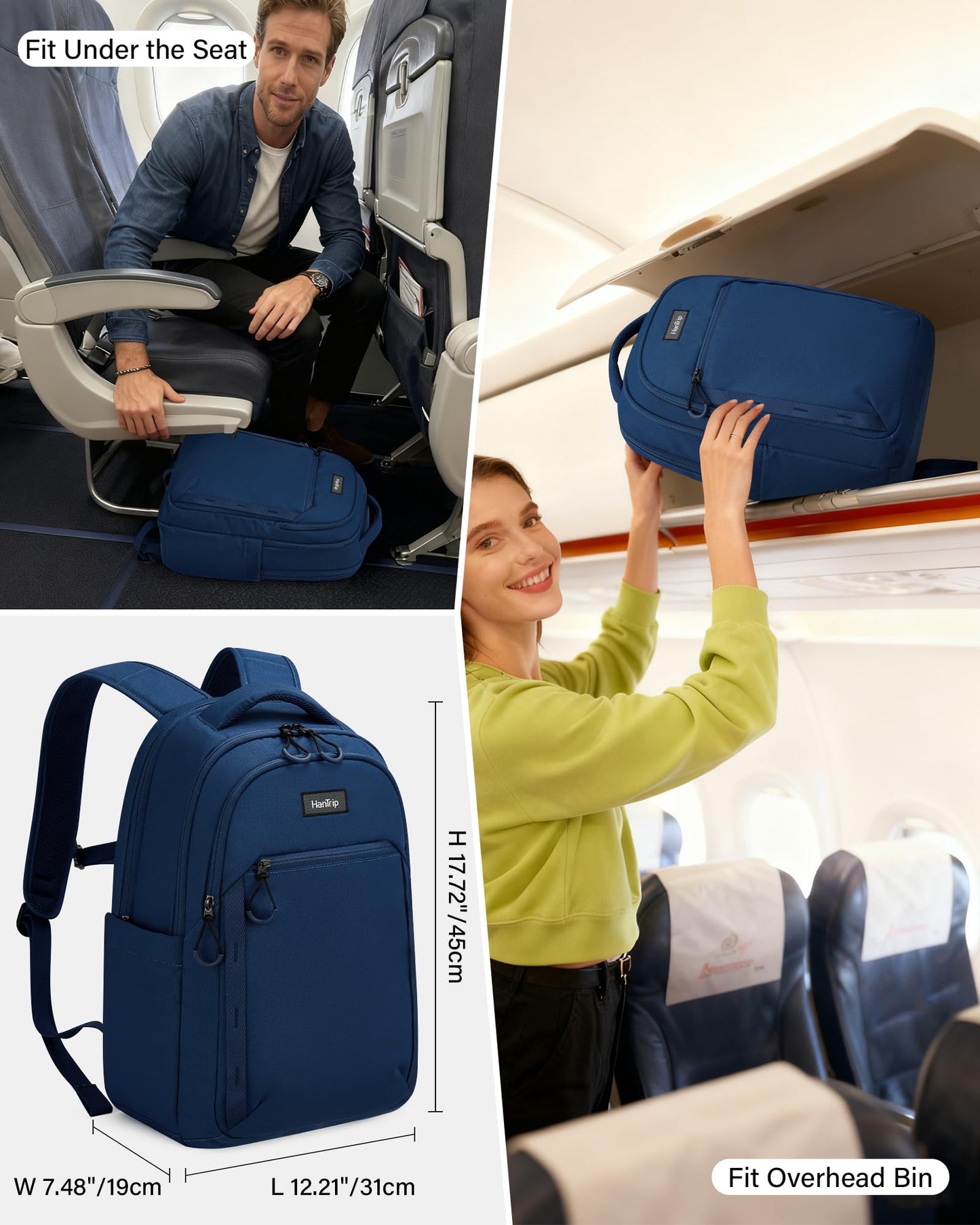 HanTrip Travel Laptop Backpack for Women Men, 18 Inch Large Work Backpack for Commuter College School Book Bags, Water Resistant Backpack with Luggage Strap Water Bottle Pocket Chest Strap, Navy Blue
