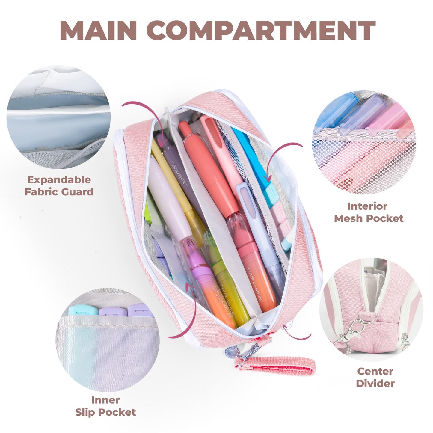 Four Candies Pink Pencil Case 3 Compartment, Large Pencil Pouch with Removable Handle & Zipper, Cute Stationery Organizer Big Pencil Case for Markers, Pencil Bag for Office College, Pink
