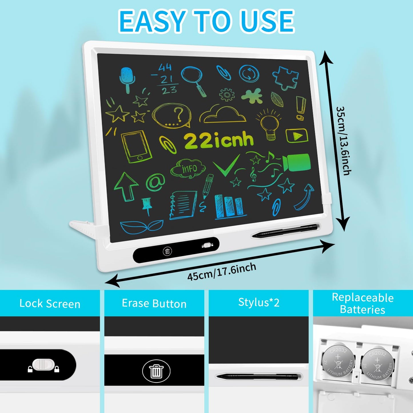 22 Inch LCD Writing Tablet for Kids, Large Drawing Board for Learning &Homeschool, Eye Protection Reusable Writing Pad, One-Click Erase,Educational Toy for Toddlers Travel & Quiet Play