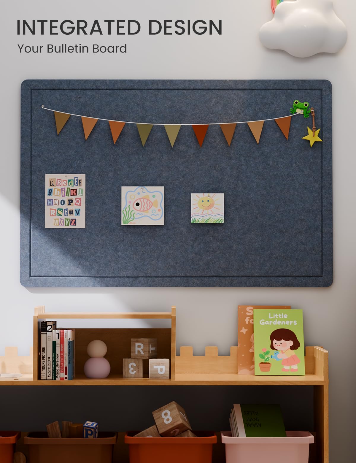 Fluxynara Bulletin Board,35.4" x 23.6" Cork Board Alternative with 12 Safe Removable Adhesive Tabs, Foldable Felt Pin Board for Home Office, Classroom, Bedroom,Entryway for Walls—Navy Blue