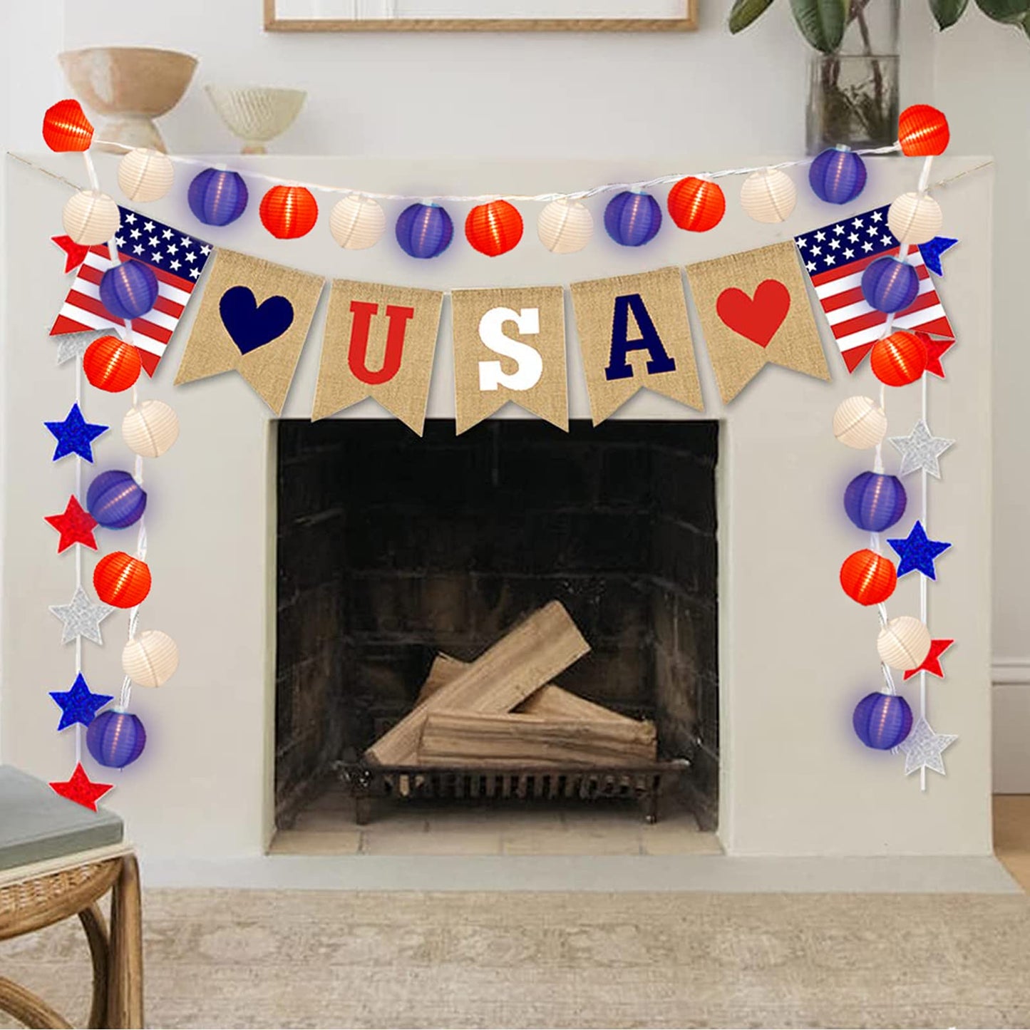 SUNSGNE Lantern String Lights, 10 Red White Blue Lanterns, 8.5Ft Plug-In Mini Lights for Patio Garden Decor