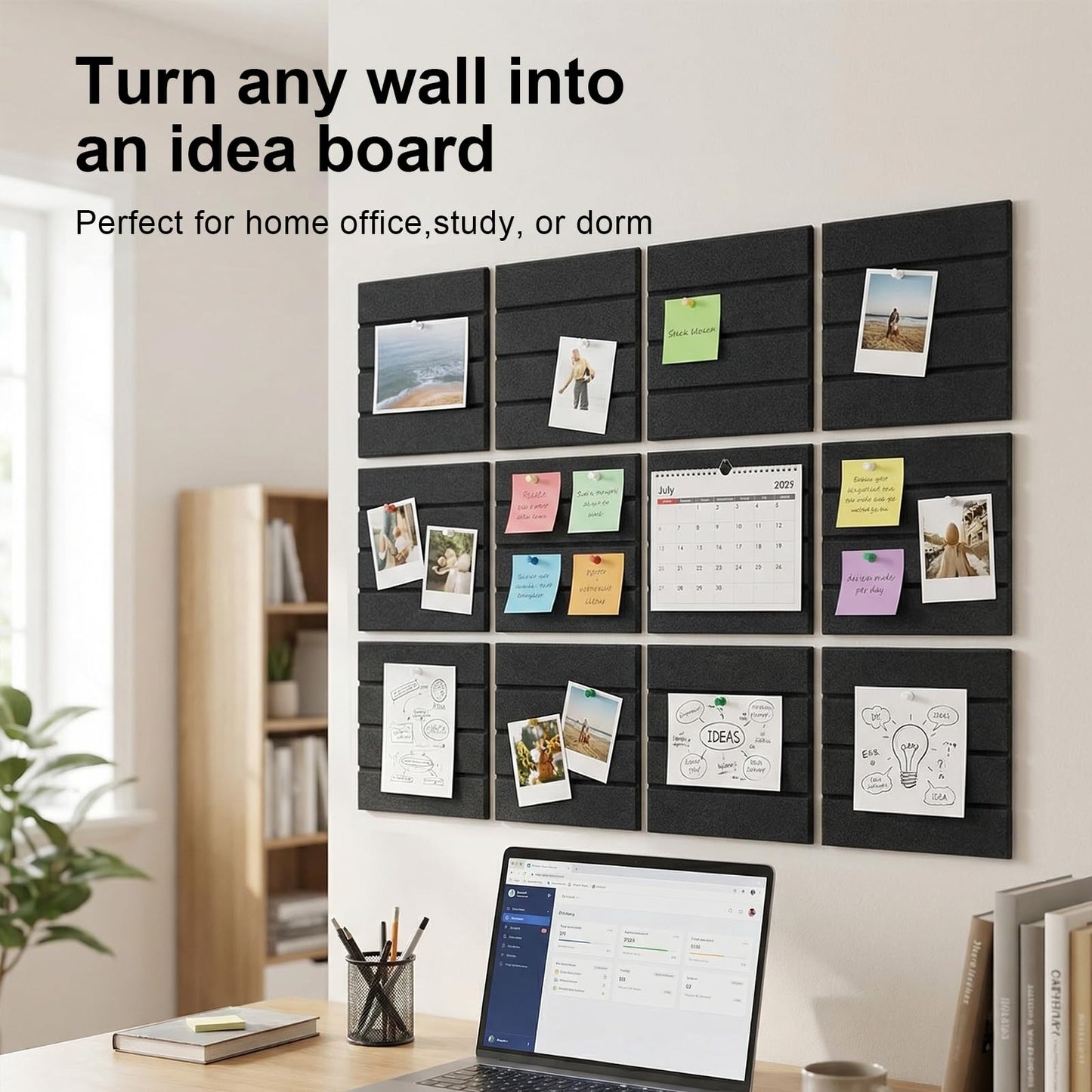 Acrridi Large Felt Bulletin Board with Self-Adhesive, 48" x 36", Black, Cork Board Alternative, 12 Pack with 36 Pushpins for Wall Home Office Decor