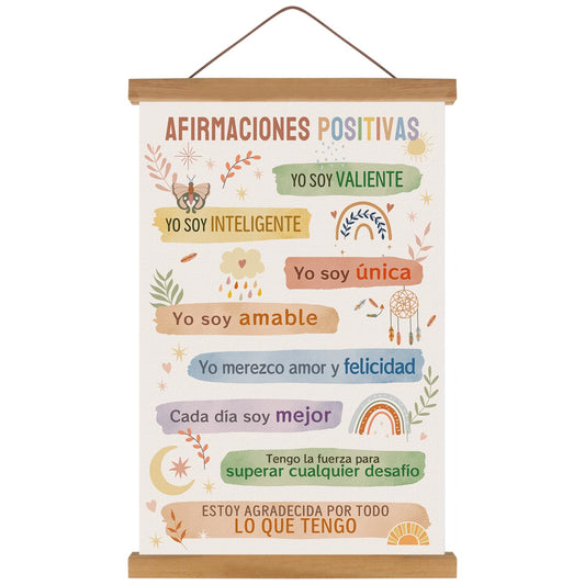 KAIRNE Health Positive Affirmations Wall Art,Colorful Kids Motivational Wall Decor,Inspirational Quotes Poster with Wood Magnetic Hanger Frame,Rainbow Moon Prints for Girls Room Playroom Decoration