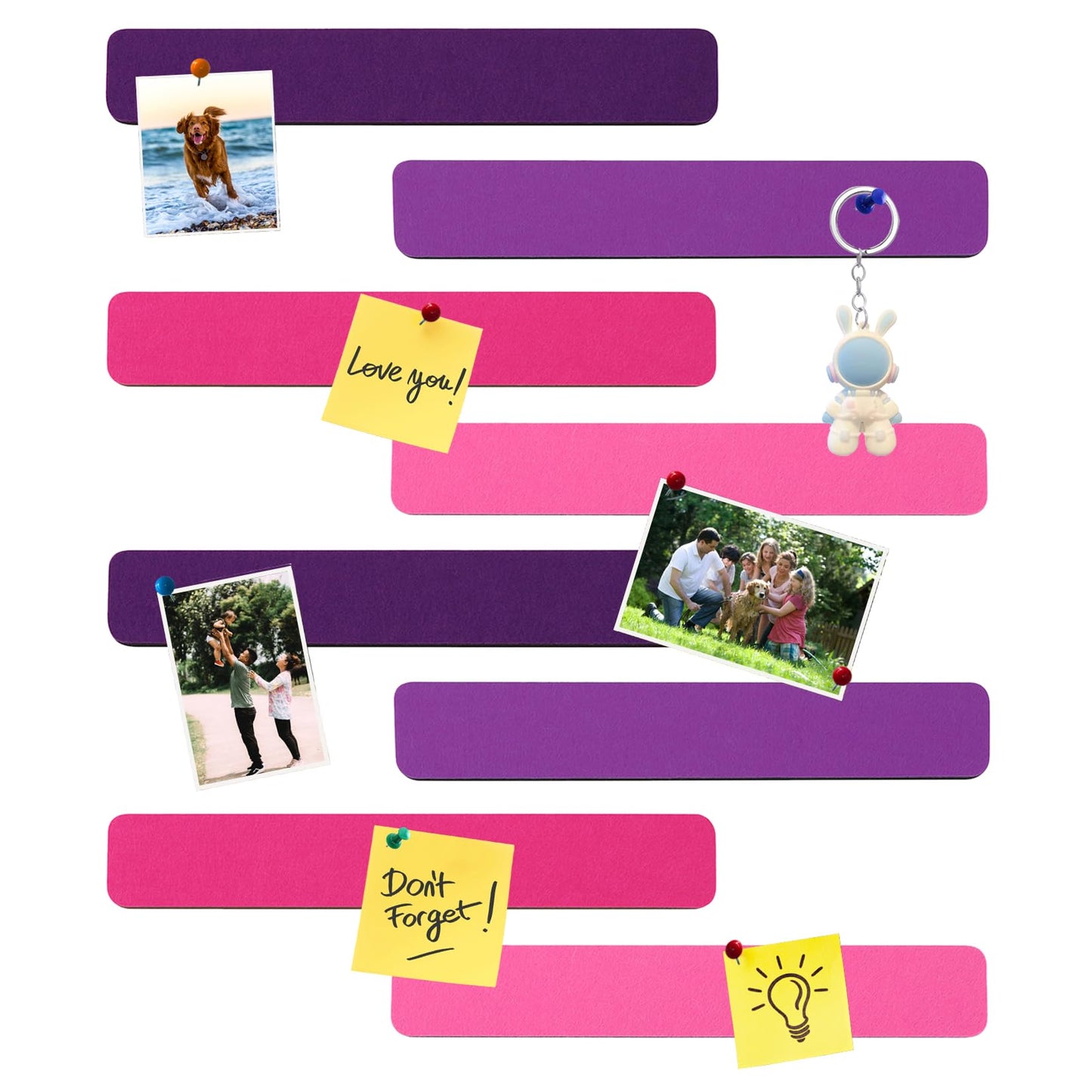 HULAVO 8Pcs Rectangle Felt Cork Board Bar Strips with 35 Pushpins, Self-Adhesive Bulletin Board Strips for Office School Home Wall Decor Stickers Memos Schedules Photos Display -Gradual Purple