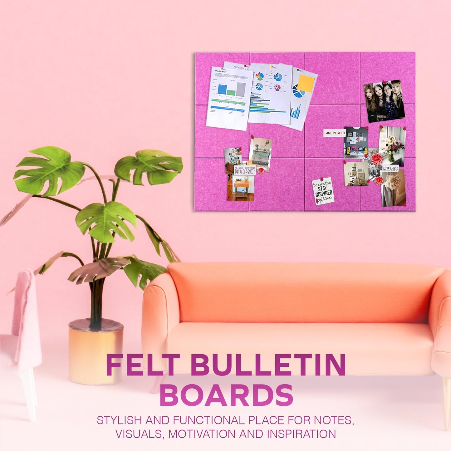 Bulletin Board 40x30in, 12 Count 9.8 x 9.8in Felt Wall Tiles with Removable Adhesive Tape, Cork Board Alternative for Walls, Wall Decor, Kids Art Display, Kids Room (Magenta Collection)