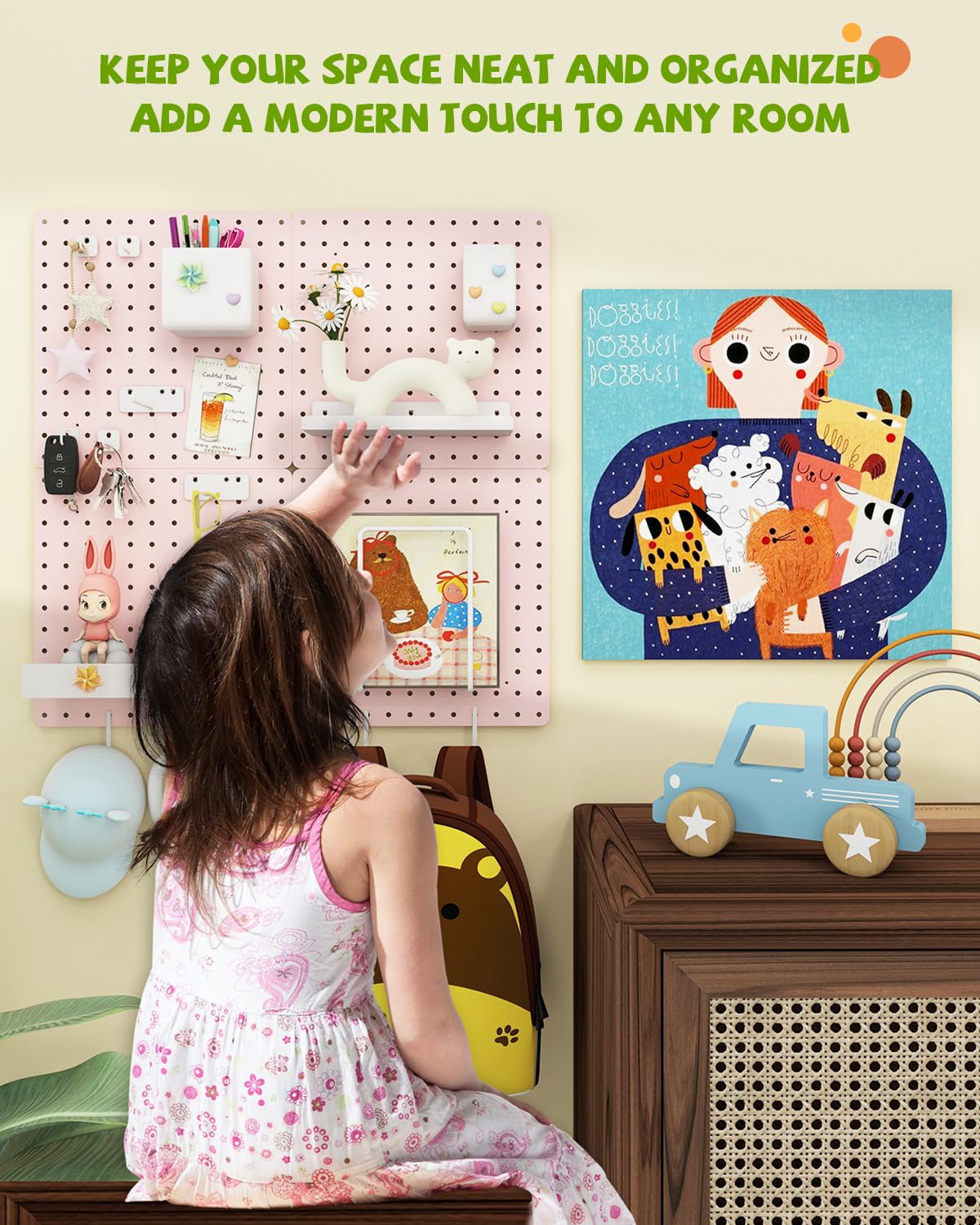 Soubeoii Metal Pegboard Combination Kit — 4 Carbon Steel Pegboards with 26 Accessories, Pegboard Wall Organizer for Home, Office, Study Room, Kitchen, Garage & Craft Room — 24″ × 24″ Pink Peg Board