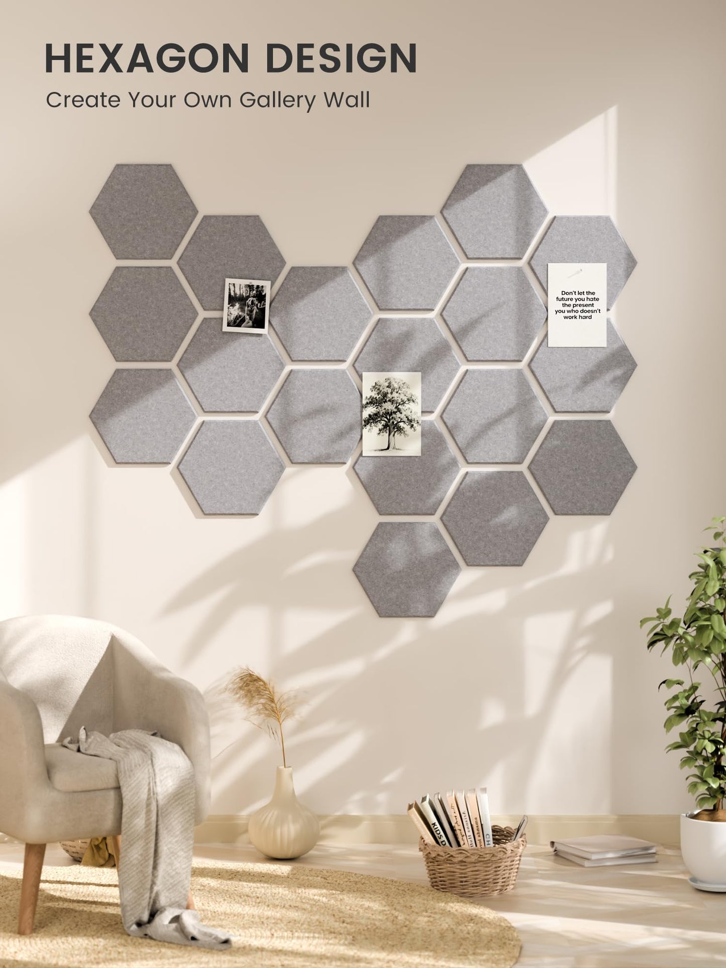 Fluxynara Hexagon Cork Board Alternative for Walls Decor-12-Pack Felt Bulletin Board Tiles,with 30 Pushpins,70 Adhesive Tabs for Office,Classrooms & Home Pin Board Felt Board-Soft Gray