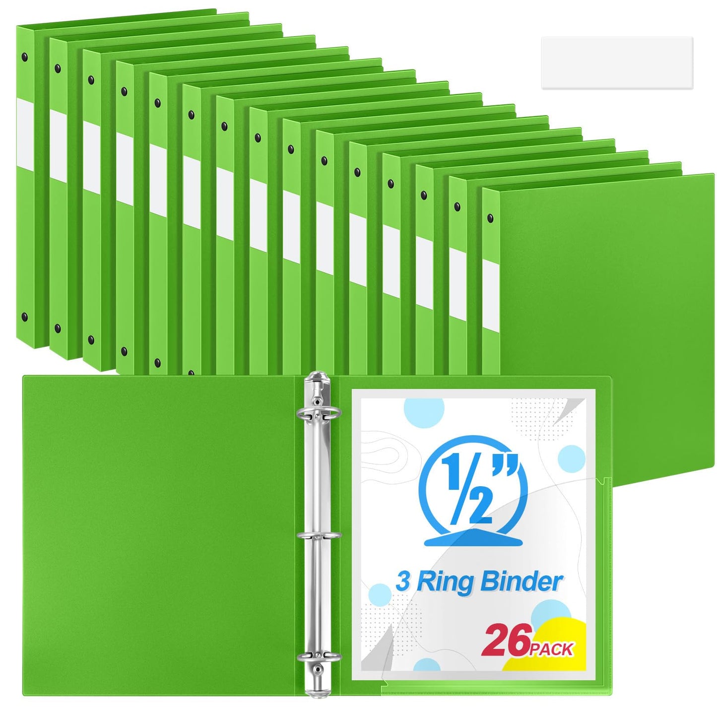 Henoyso 26 Pack 0.5 Inch Plastic 3 Ring Binder Round Ring, Bulk 1/2 Inch Flexible Binders Hold 140 Sheets Letter Size with Pocket, Document Organizer for Back to School Classroom Office (Tender Green)