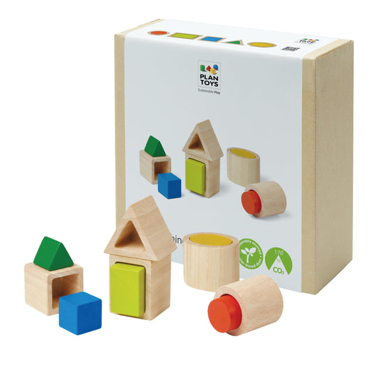 PlanToys® Geo Matching Blocks Wooden Shape Sorting Toy for Kids Ages 2+ | Montessori Activity for Colour Learning, Spatial Reasoning & Fine Motor Skills | Eco-Friendly Educational Toy