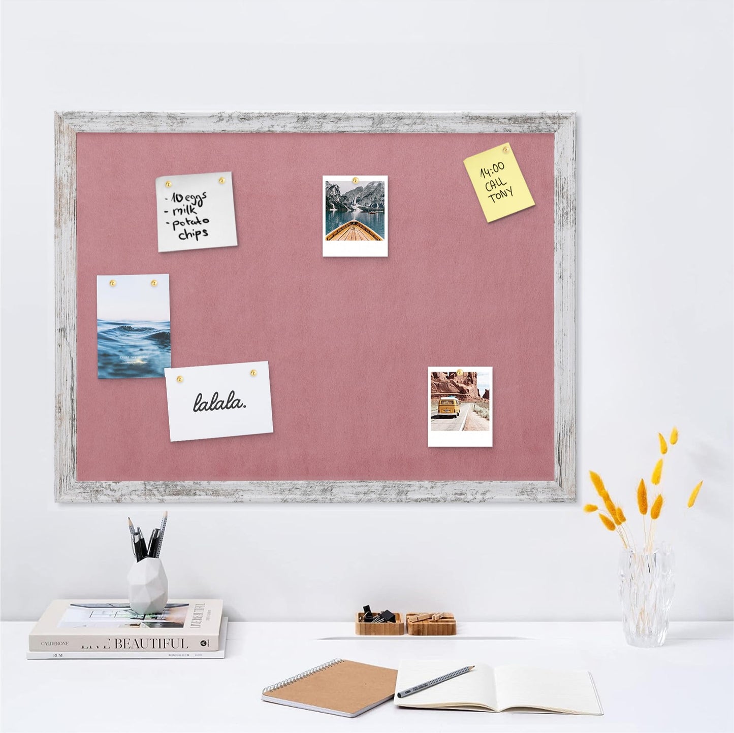 Navaris Framed Fabric Bulletin Board - 18 x 24 inches Plush Jewelry Organizer Pinboard for Wall - Memory Pin Board - Pink with White Rustic Frame