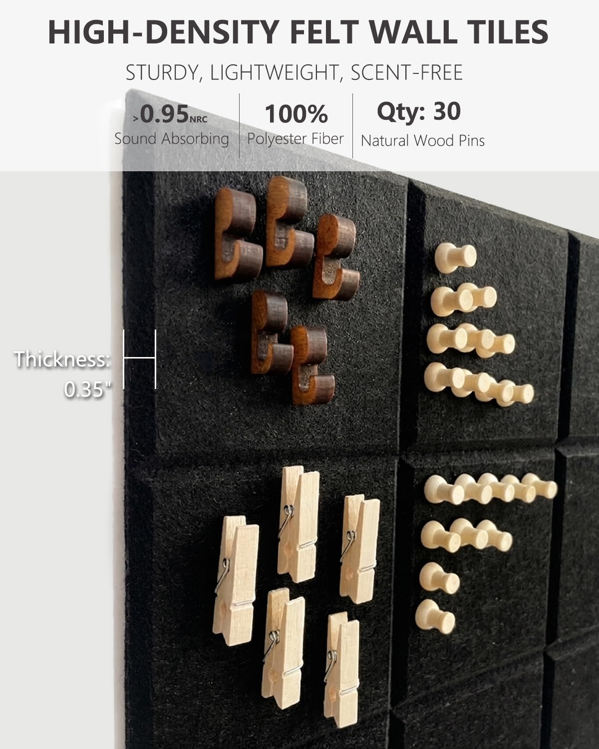 Large Felt Bulletin Board - 36" x 24" Self-Adhesive Felt Wall Tiles, Cork Boards Alternative, 6 Pack with 30 Wooden Pushpins, Cork Boards for Walls, Office & Home Decor, Push Pin Board - Black