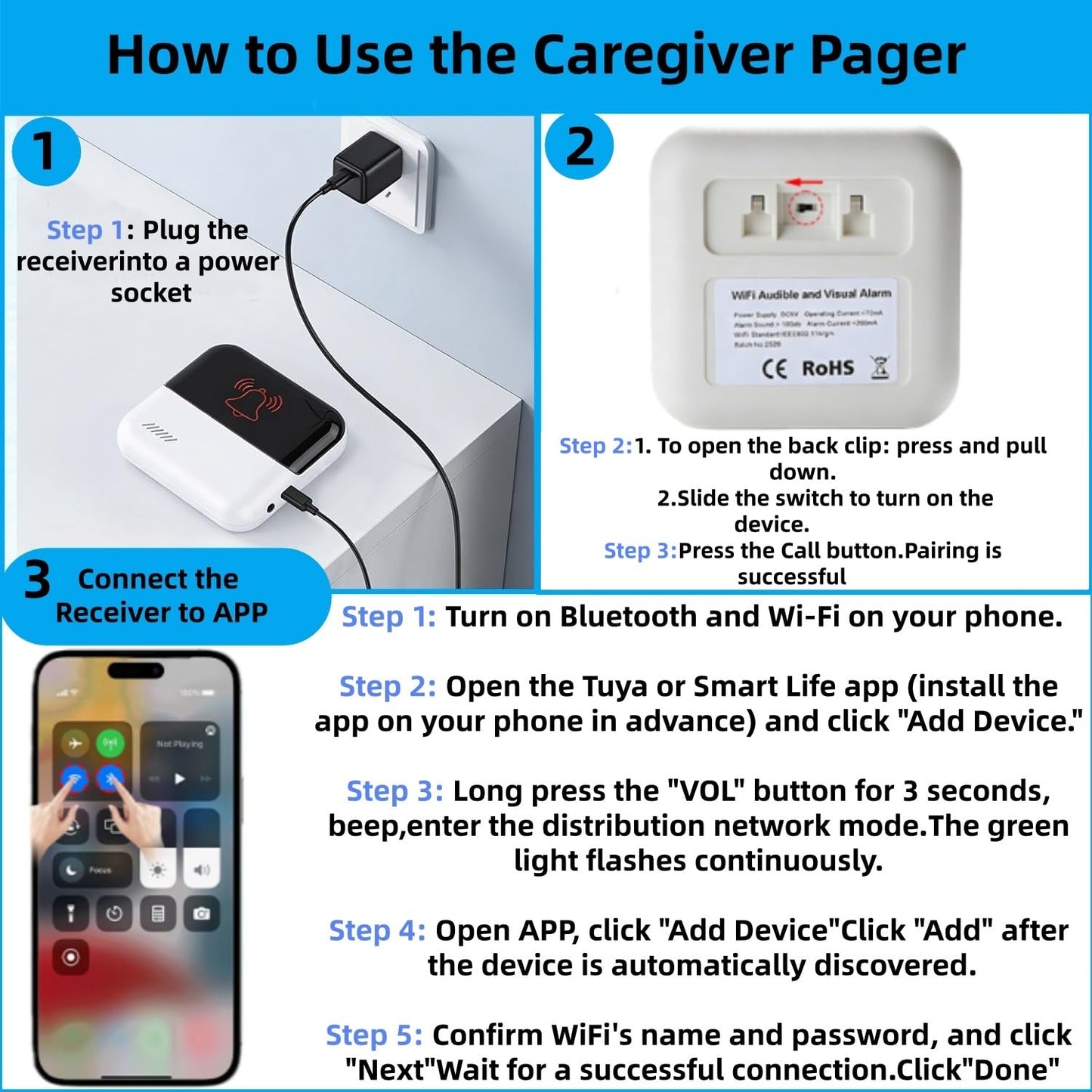 Frexiol WiFi Caregiver Pager Medical Alert Systems for Seniors No Monthly Fee App Control Alert Button for Seniors at Home,2 Call Button and 1 Receiver,for Elderly,Patients,Disabled