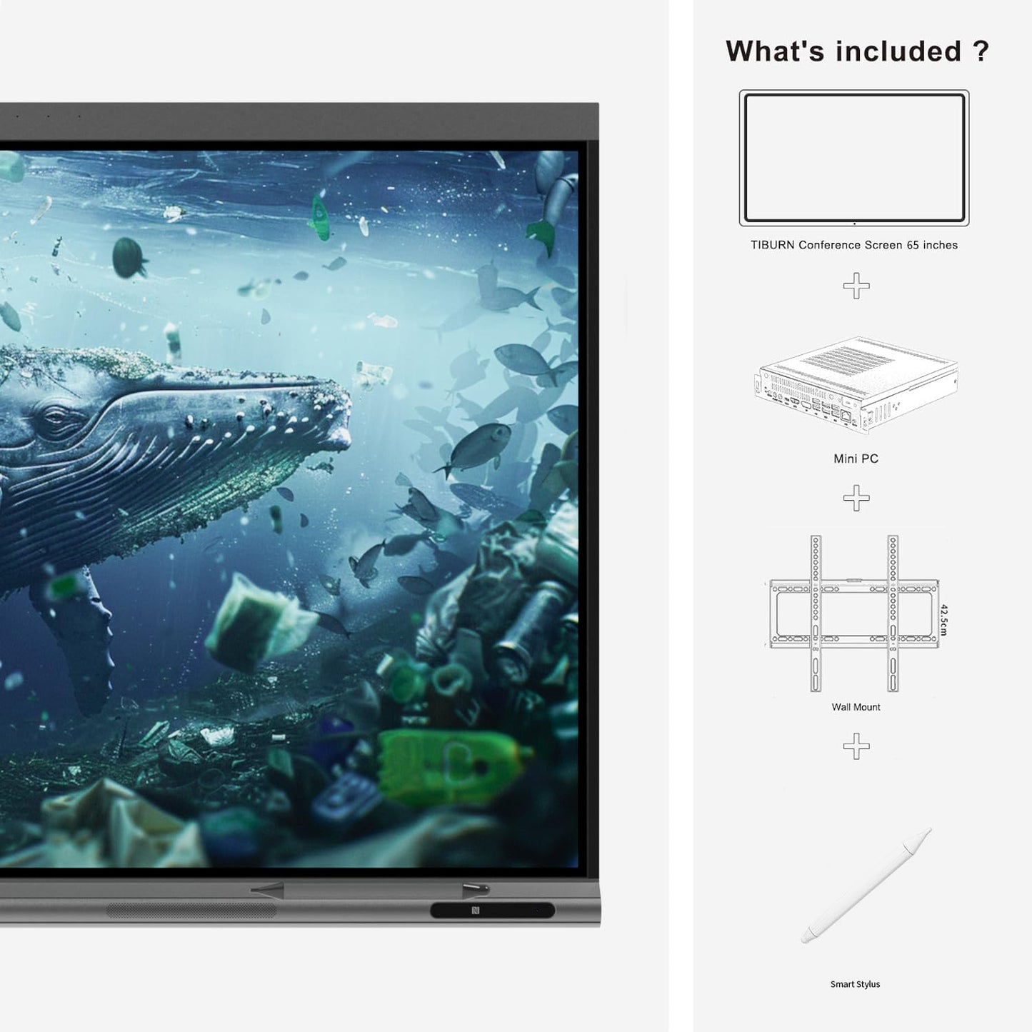 Tiburn INSPUR 65" Ultra 4K UHD Smart Board | Android 13 & Windows 11 Pro Dual OS, 8-Line Array Mic, Auto-Framing Webcam, Enterprise whiteboard for Office, Classroom, Conference Wall Mount Included