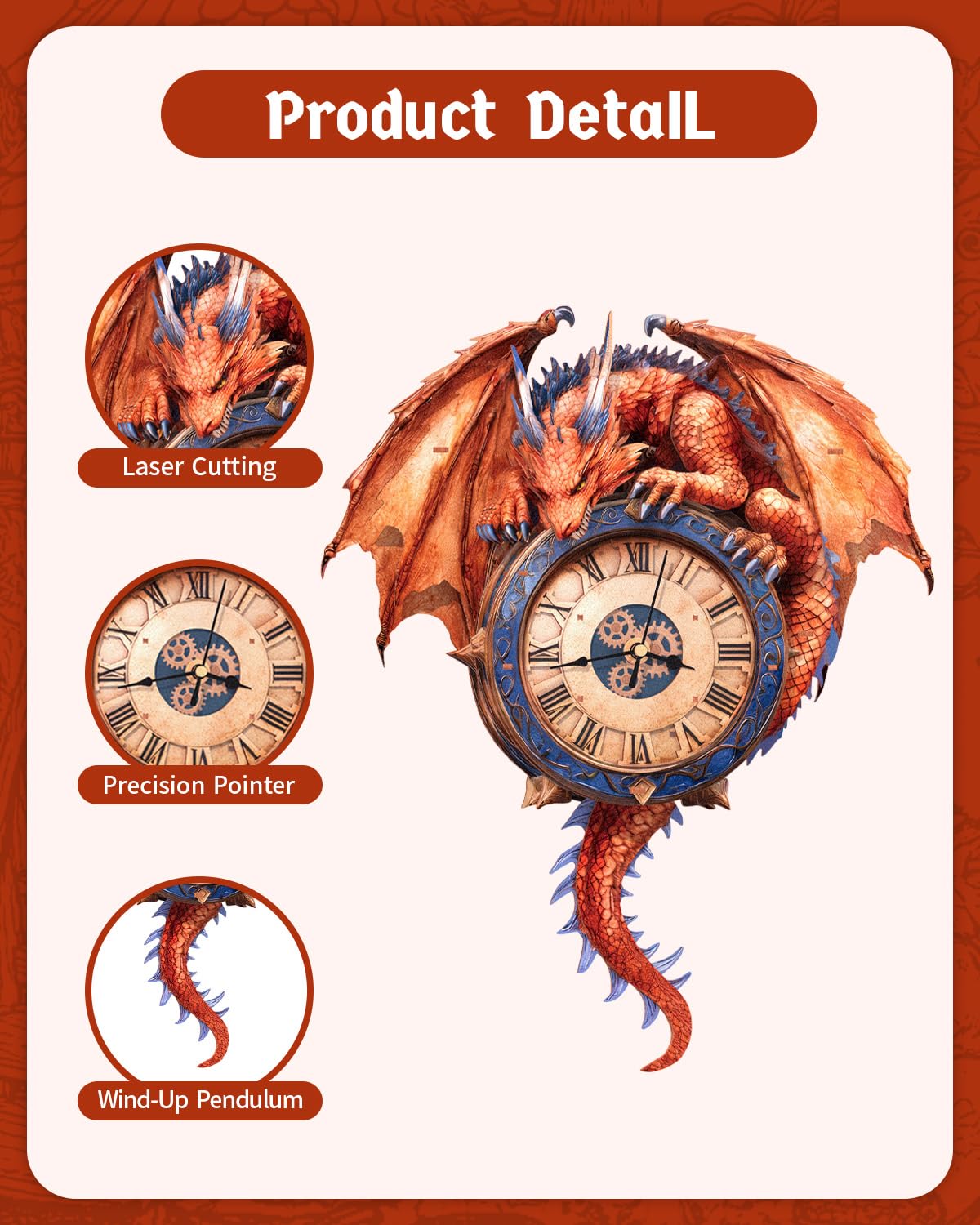 Rnfinewow 3D Puzzles for Adults, 3D Puzzle Fiery Dragon Clock Kit (with Pendulum), Wooden Puzzles for Adults Home Decor DIY Clock Crafts for Adult Puzzle Gifts for Men Women